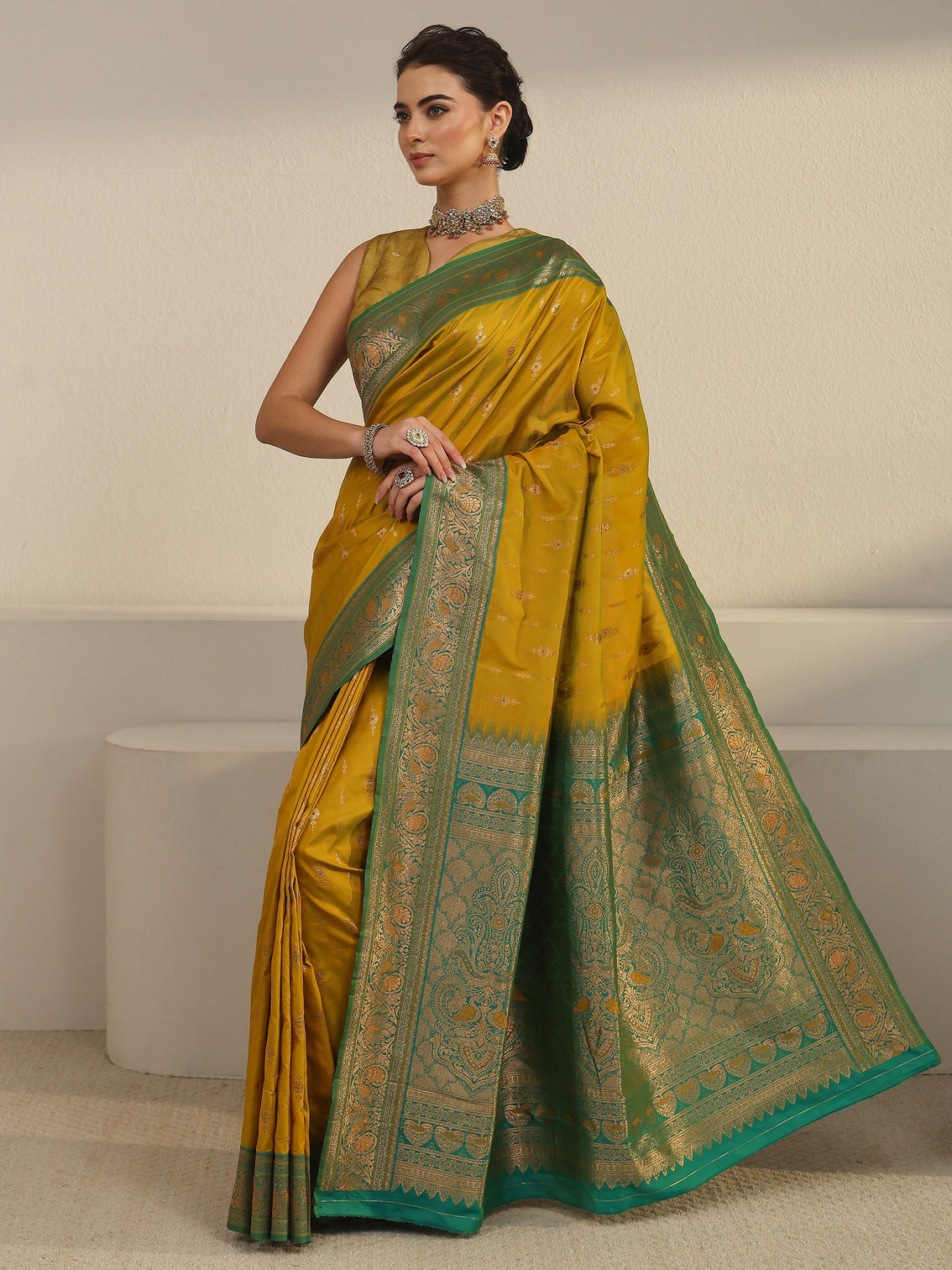 Mameraa Mustard and Green Woven Design Silk Blend Saree