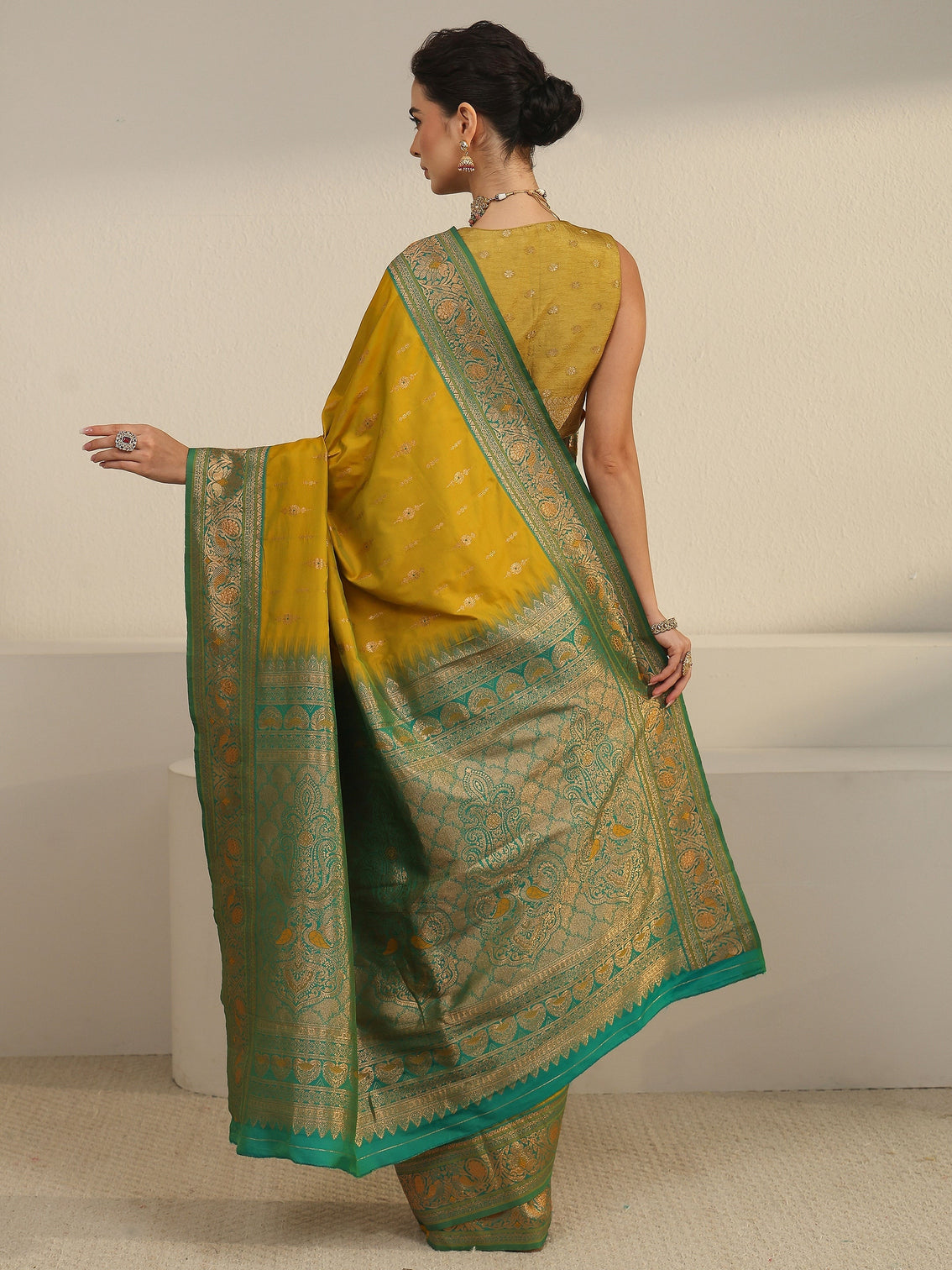 Mameraa Mustard and Green Woven Design Silk Blend Saree