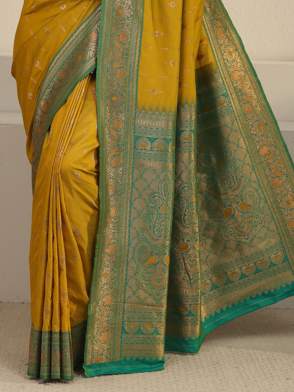 Mameraa Mustard and Green Woven Design Silk Blend Saree