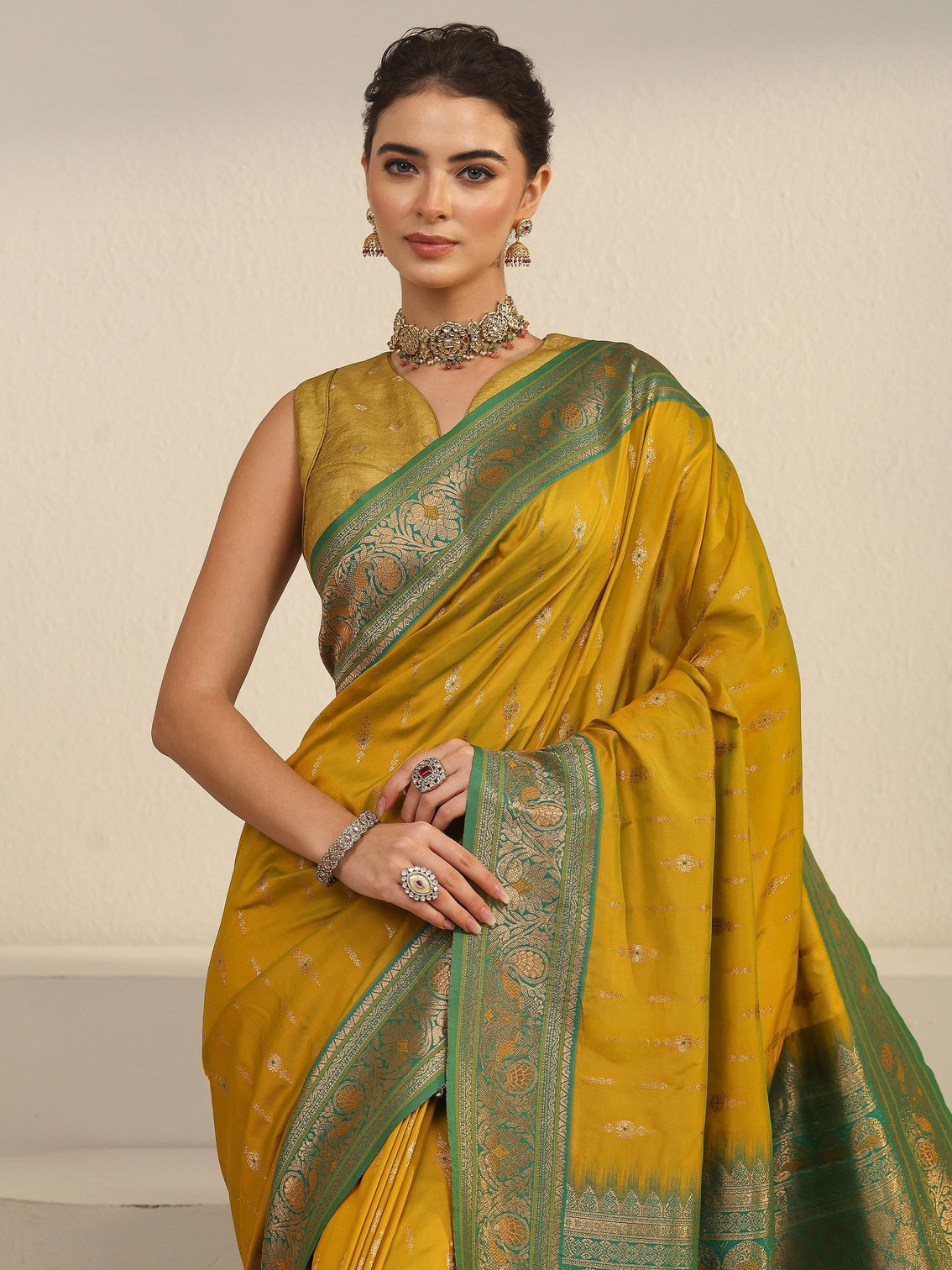 Mameraa Mustard and Green Woven Design Silk Blend Saree
