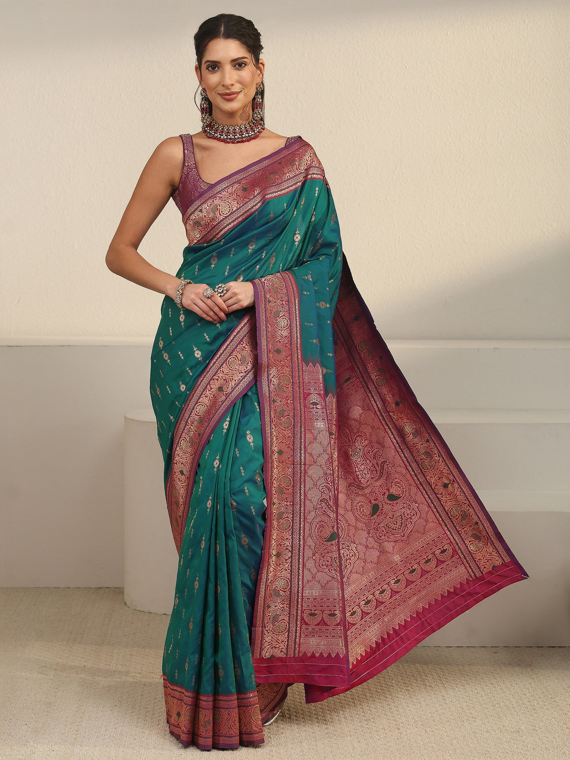 Mameraa Blue and Pink Woven Design Silk Blend Saree