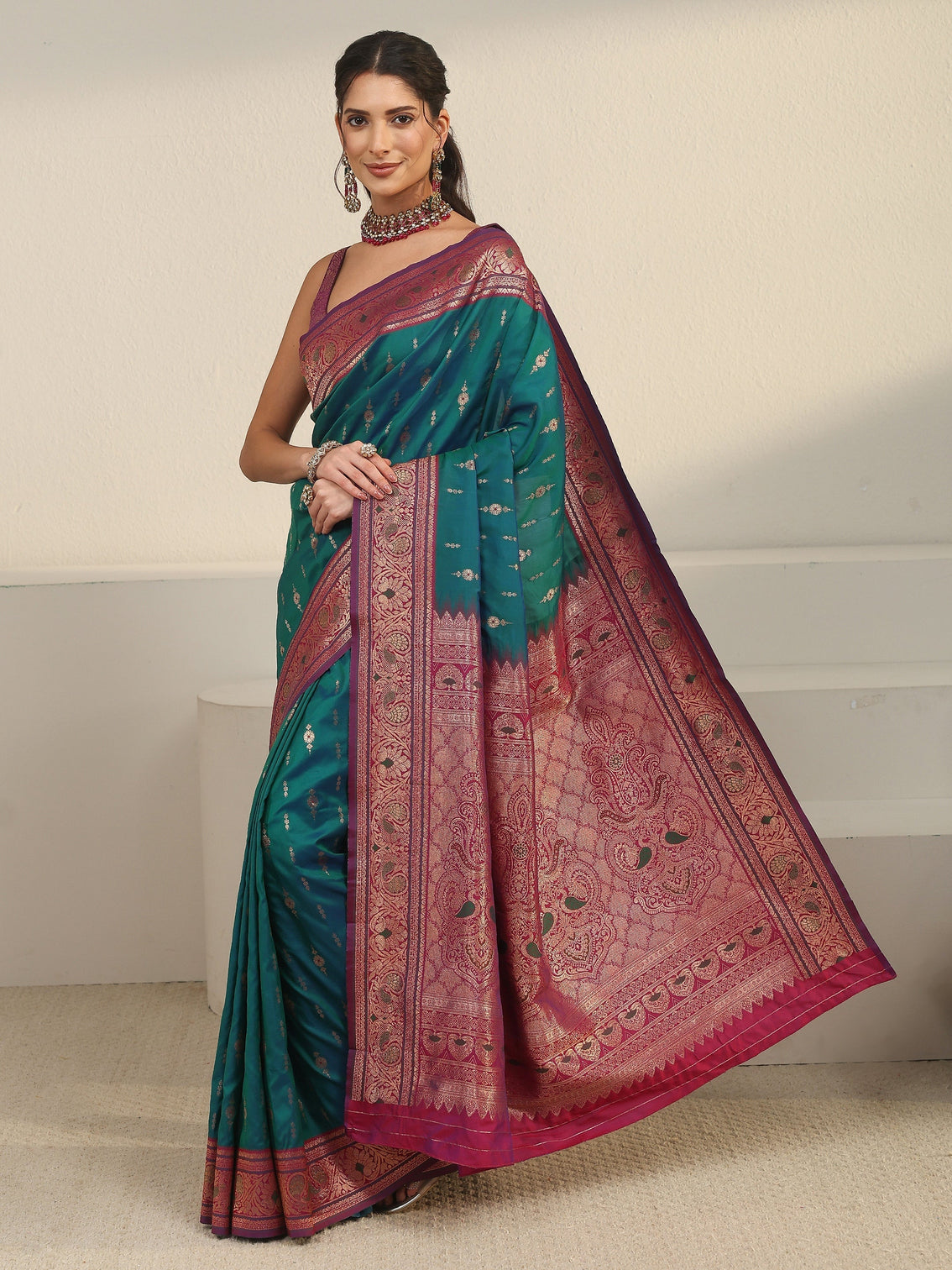 Mameraa Blue and Pink Woven Design Silk Blend Saree