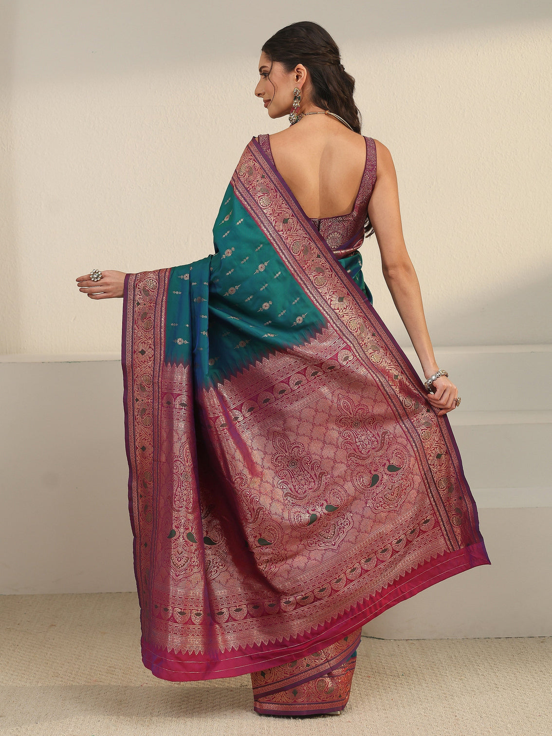 Mameraa Blue and Pink Woven Design Silk Blend Saree