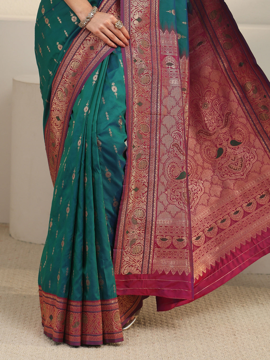 Mameraa Blue and Pink Woven Design Silk Blend Saree