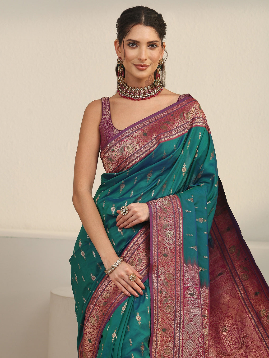 Mameraa Blue and Pink Woven Design Silk Blend Saree