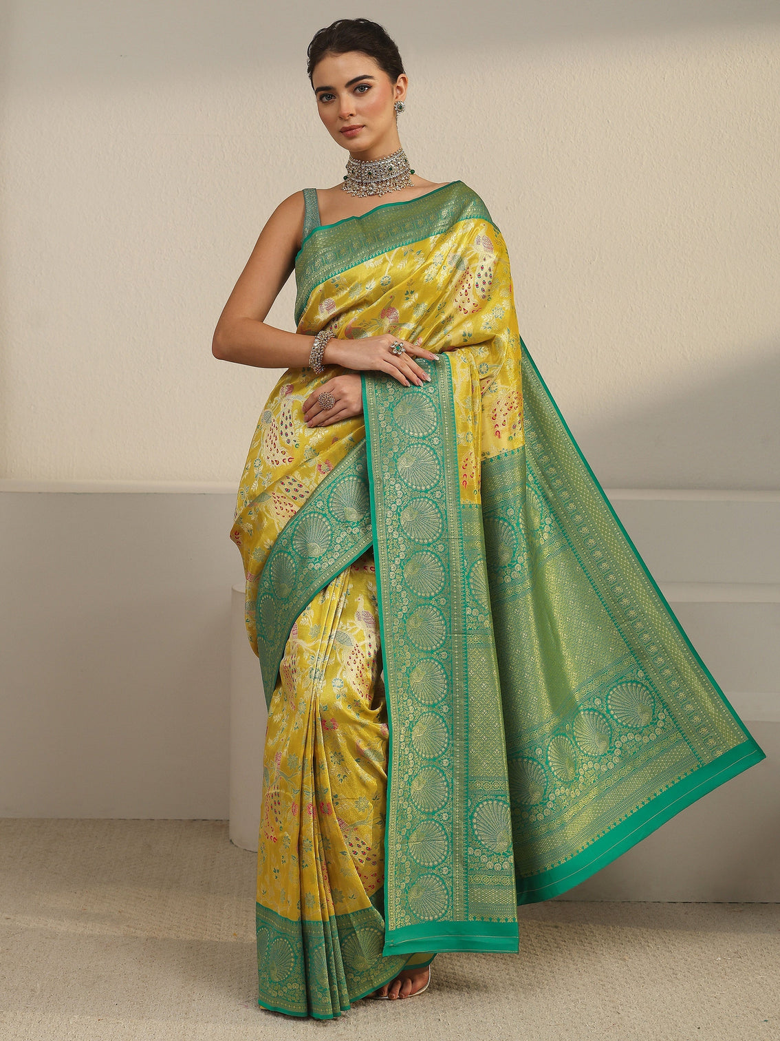 Mameraa Mustard and Green Floral Woven Design Silk Blend Saree