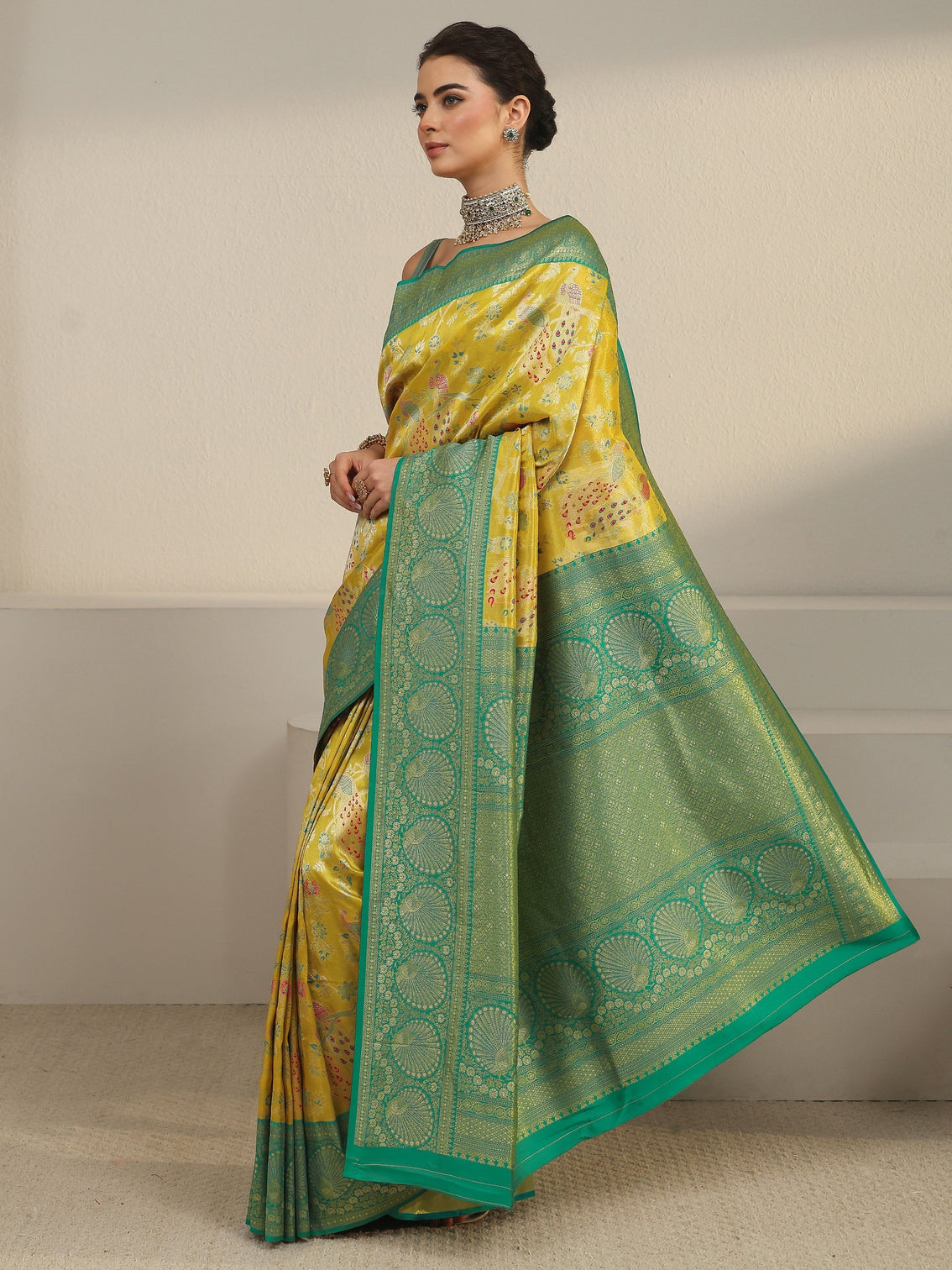 Mameraa Mustard and Green Floral Woven Design Silk Blend Saree
