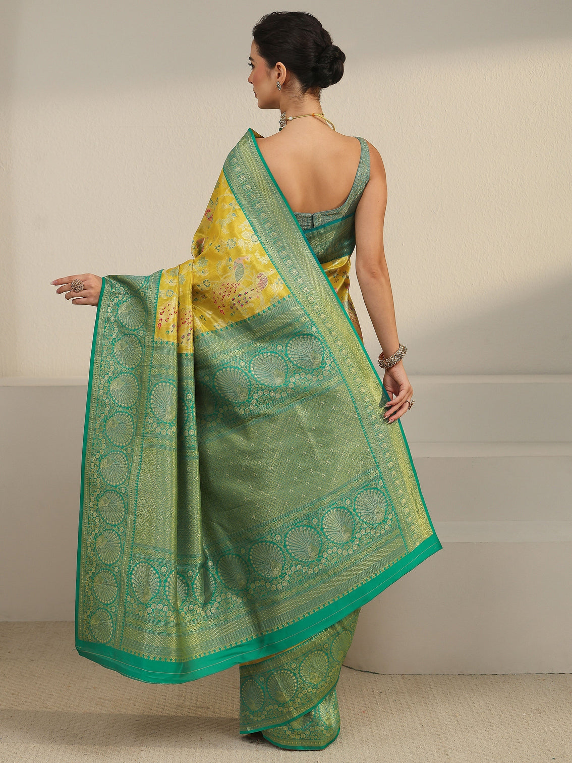 Mameraa Mustard and Green Floral Woven Design Silk Blend Saree
