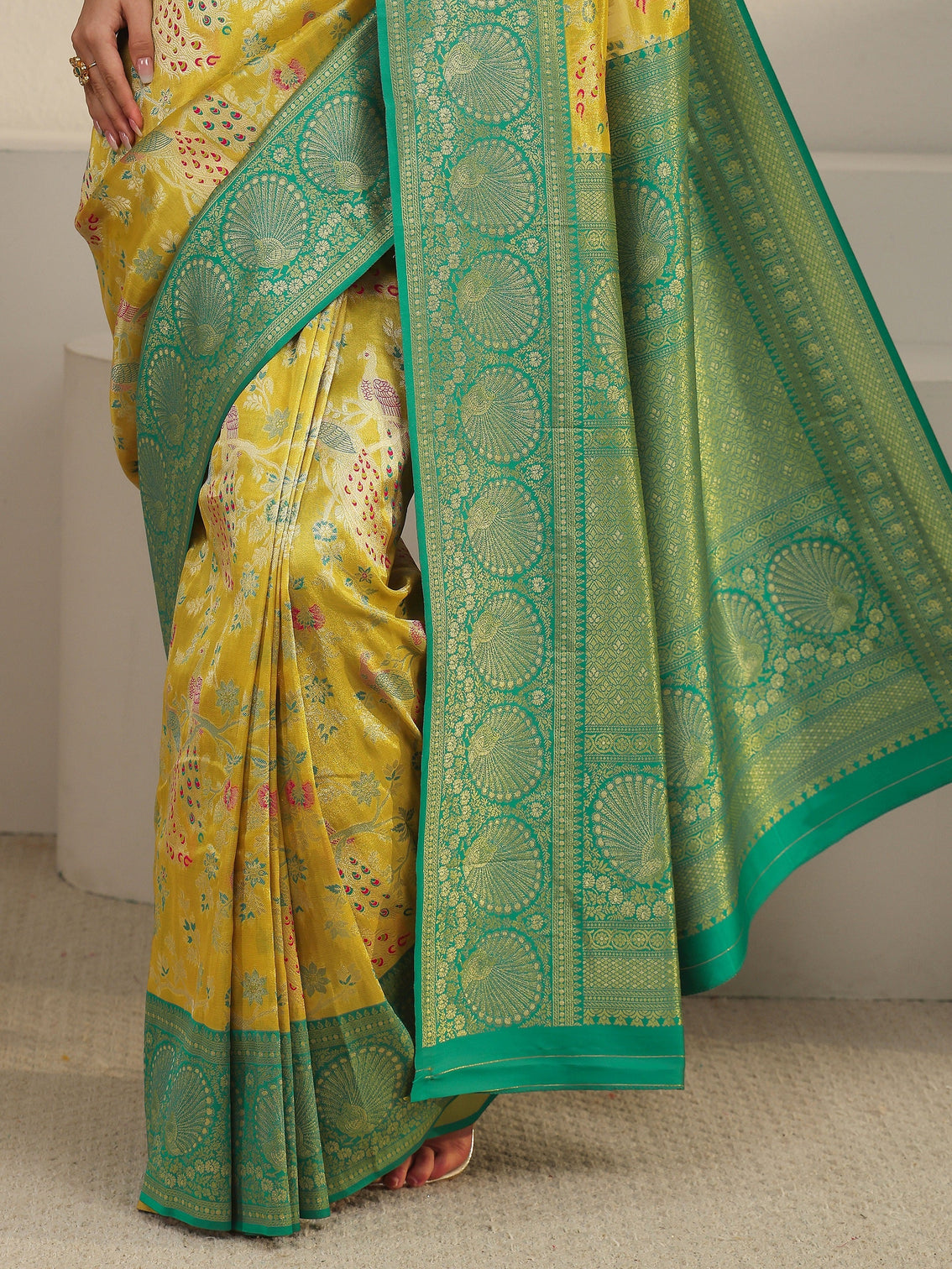 Mameraa Mustard and Green Floral Woven Design Silk Blend Saree