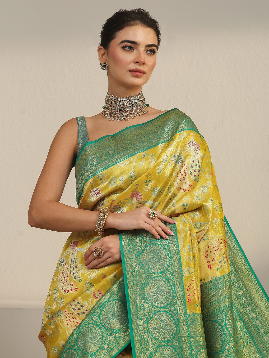 Mameraa Mustard and Green Floral Woven Design Silk Blend Saree