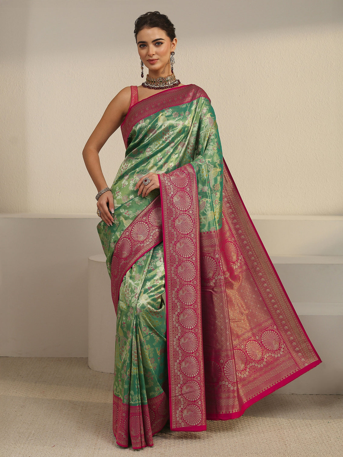 Mameraa Green and Red Floral Woven Design Silk Blend Saree