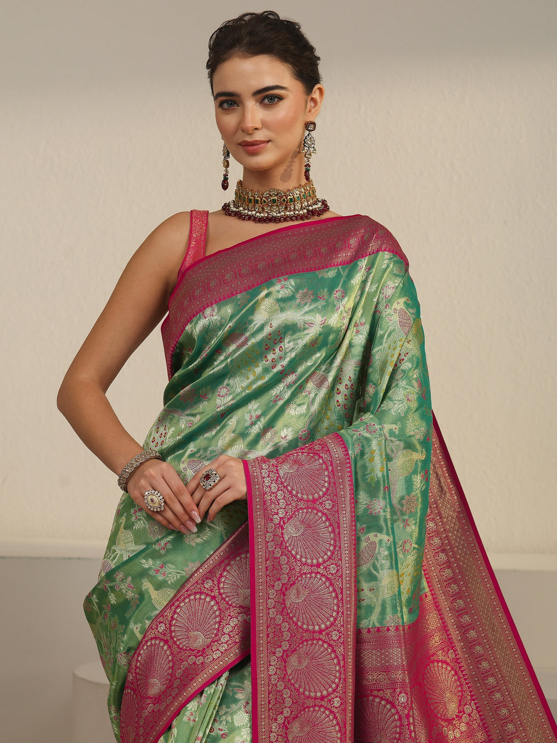 Mameraa Green and Red Floral Woven Design Silk Blend Saree