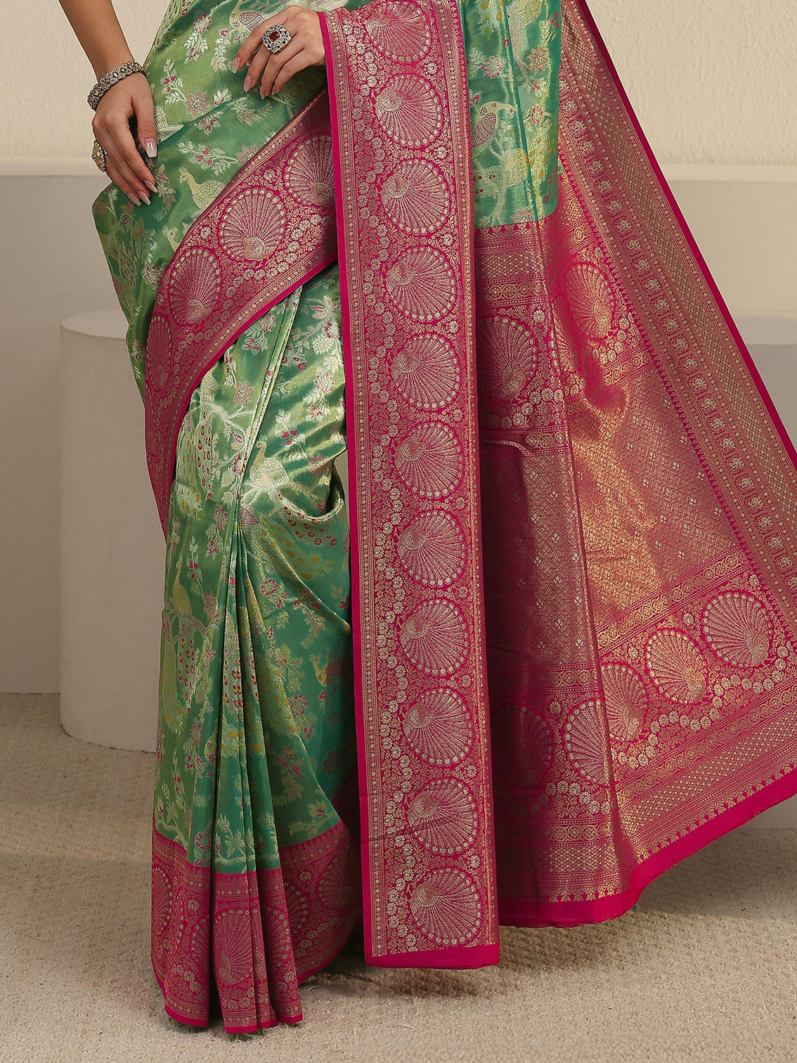 Mameraa Green and Red Floral Woven Design Silk Blend Saree