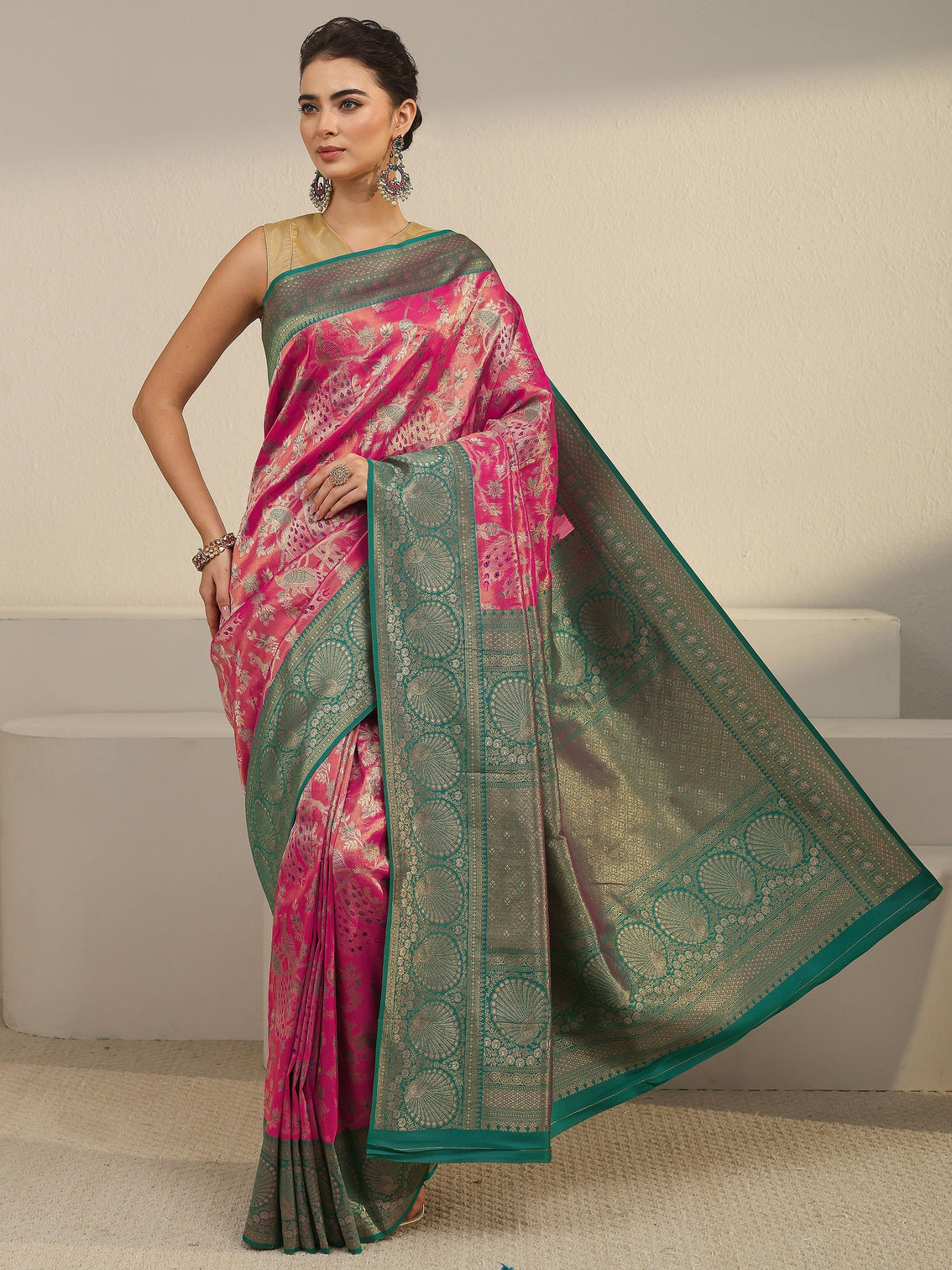Mameraa Pink and Blue Floral Woven Design Silk Blend Saree