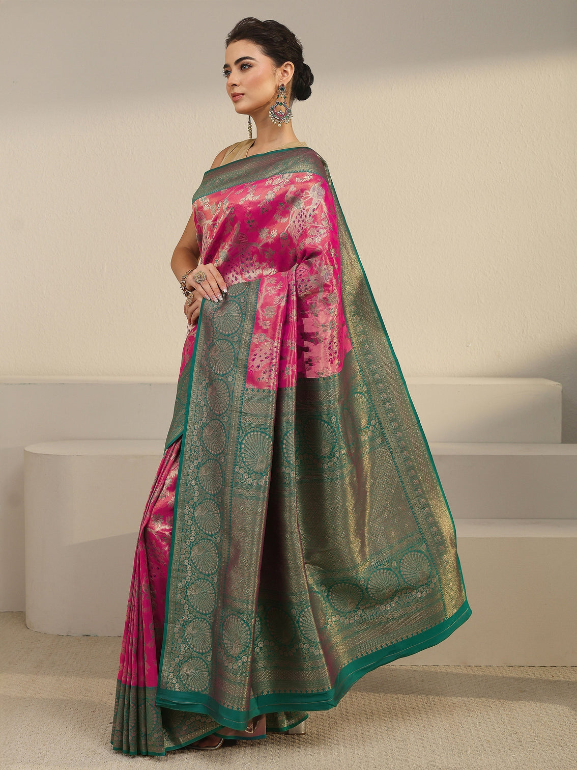 Mameraa Pink and Blue Floral Woven Design Silk Blend Saree