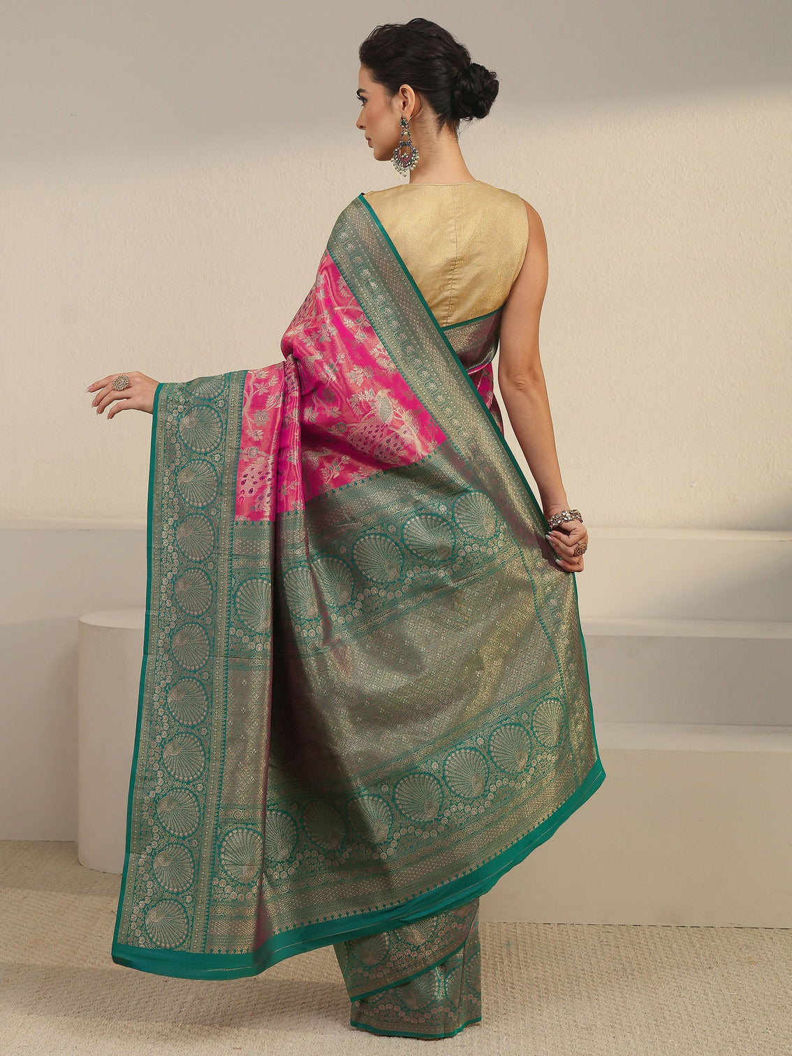 Mameraa Pink and Blue Floral Woven Design Silk Blend Saree