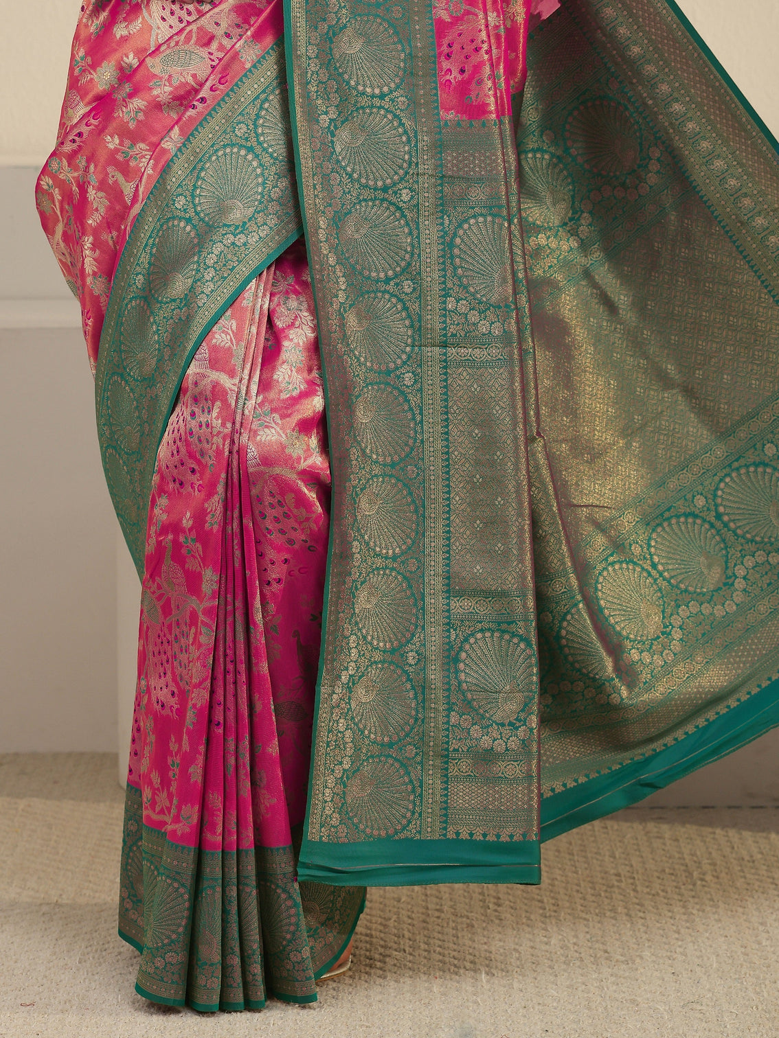Mameraa Pink and Blue Floral Woven Design Silk Blend Saree