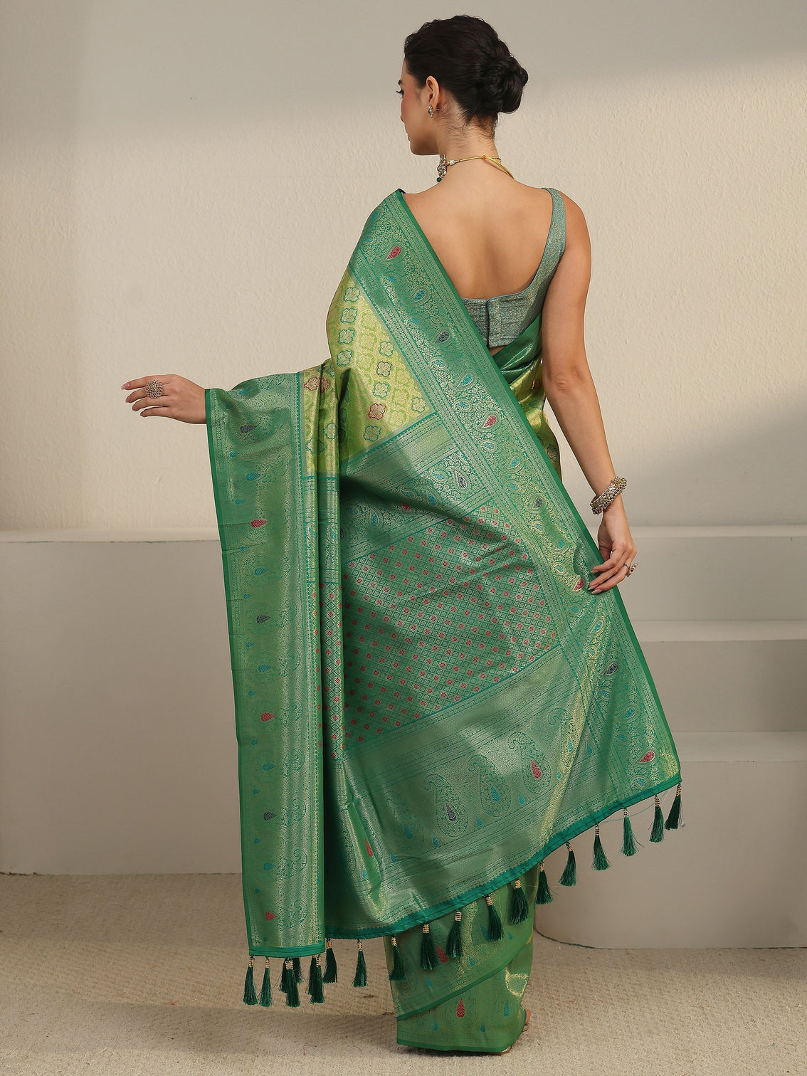 Mameraa Green Woven Design Silk Blend Saree with Paisley Border