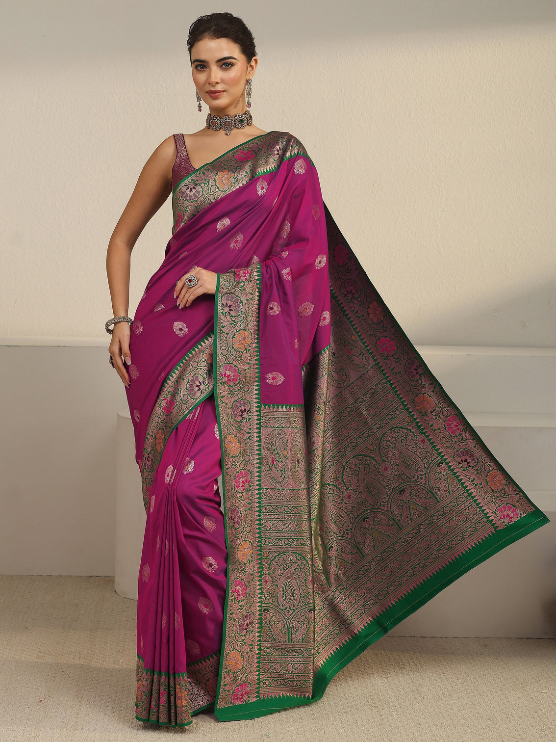 Mameraa Purple and Green Woven Design Silk Blend Saree