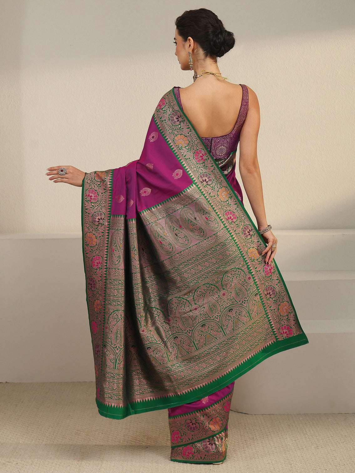 Mameraa Purple and Green Woven Design Silk Blend Saree