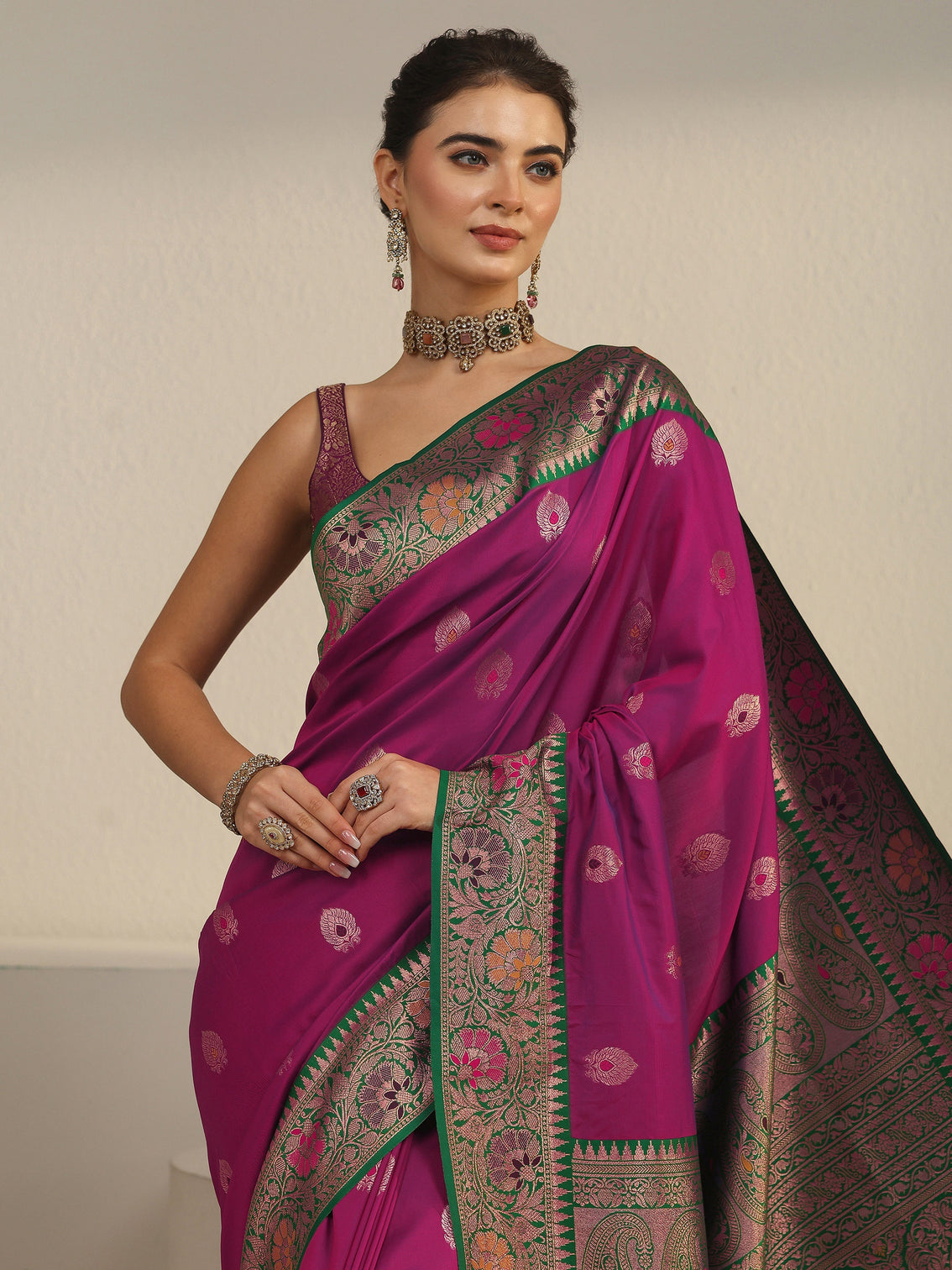 Mameraa Purple and Green Woven Design Silk Blend Saree