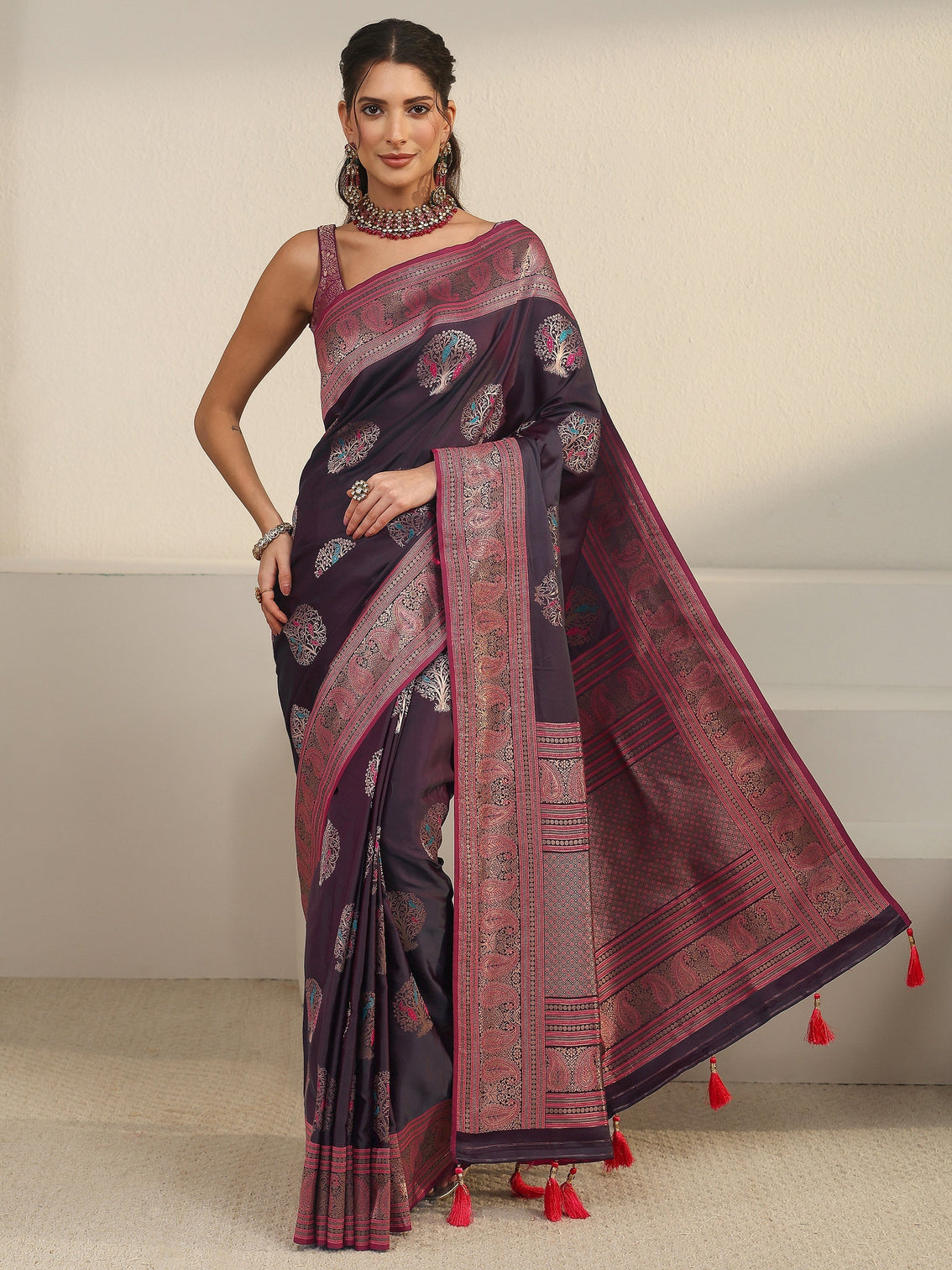 Mameraa Wine Ethnic Motif Woven Design Satin Saree