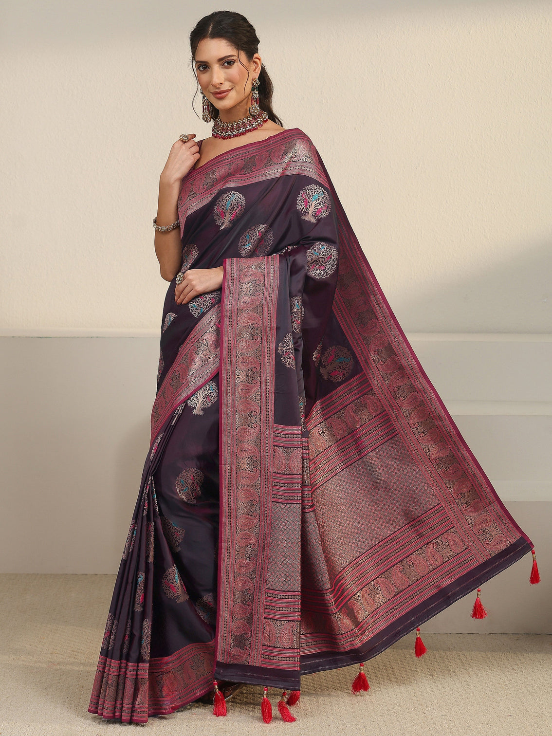 Mameraa Wine Ethnic Motif Woven Design Satin Saree