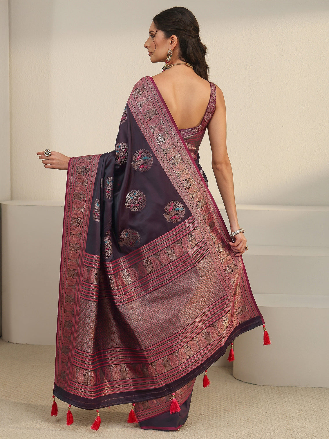 Mameraa Wine Ethnic Motif Woven Design Satin Saree