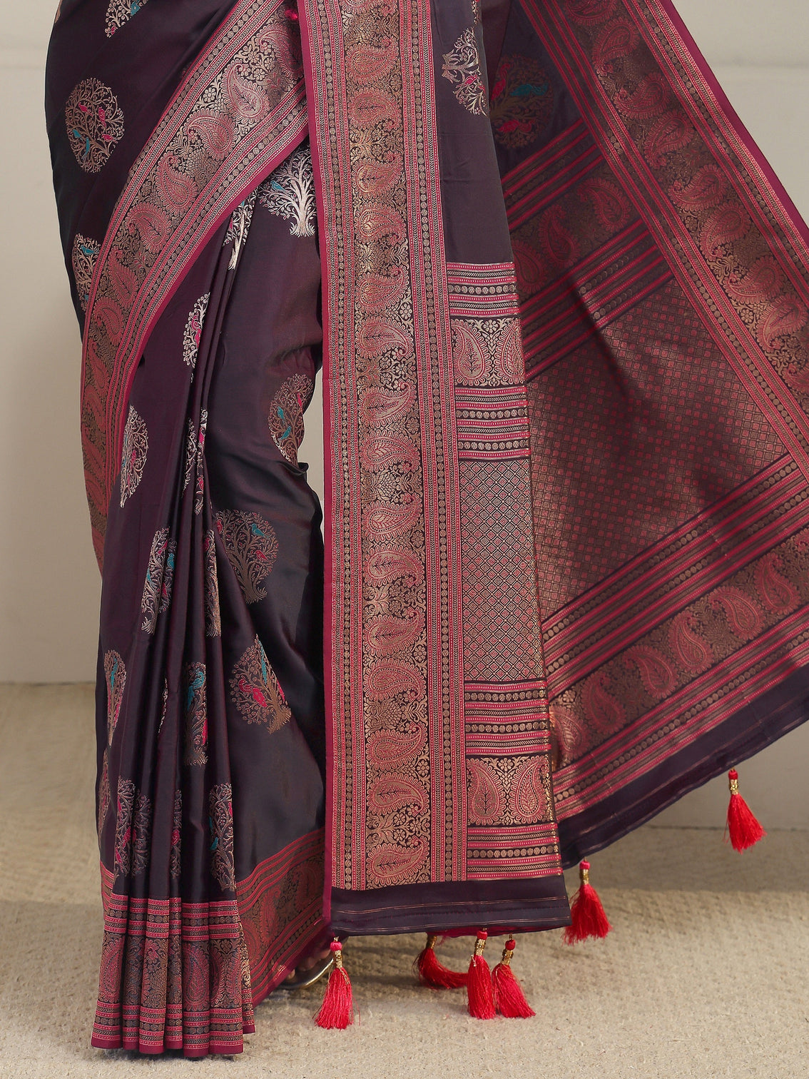 Mameraa Wine Ethnic Motif Woven Design Satin Saree
