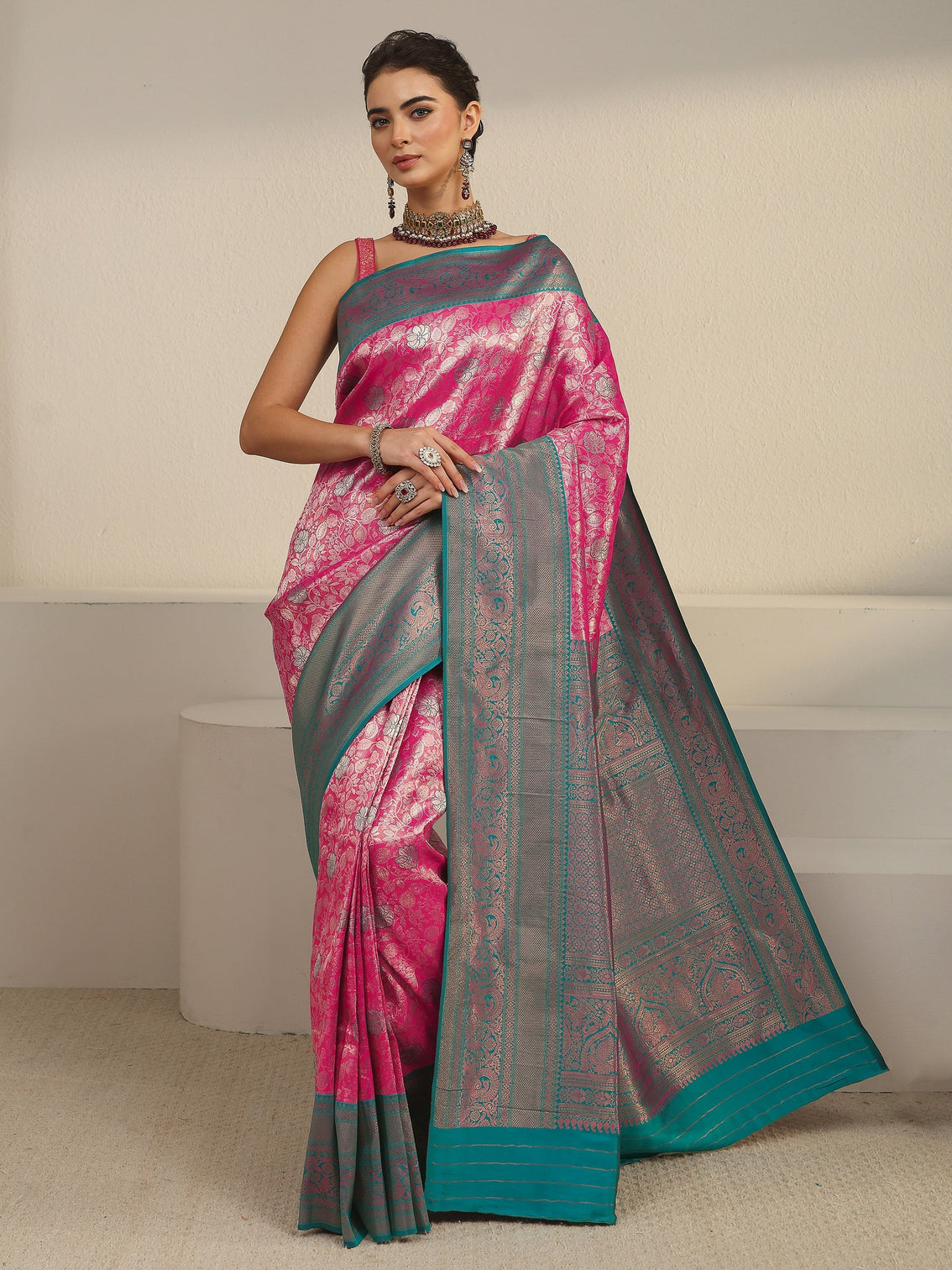 Mameraa Pink and Blue Floral Woven Design Silk Blend Saree