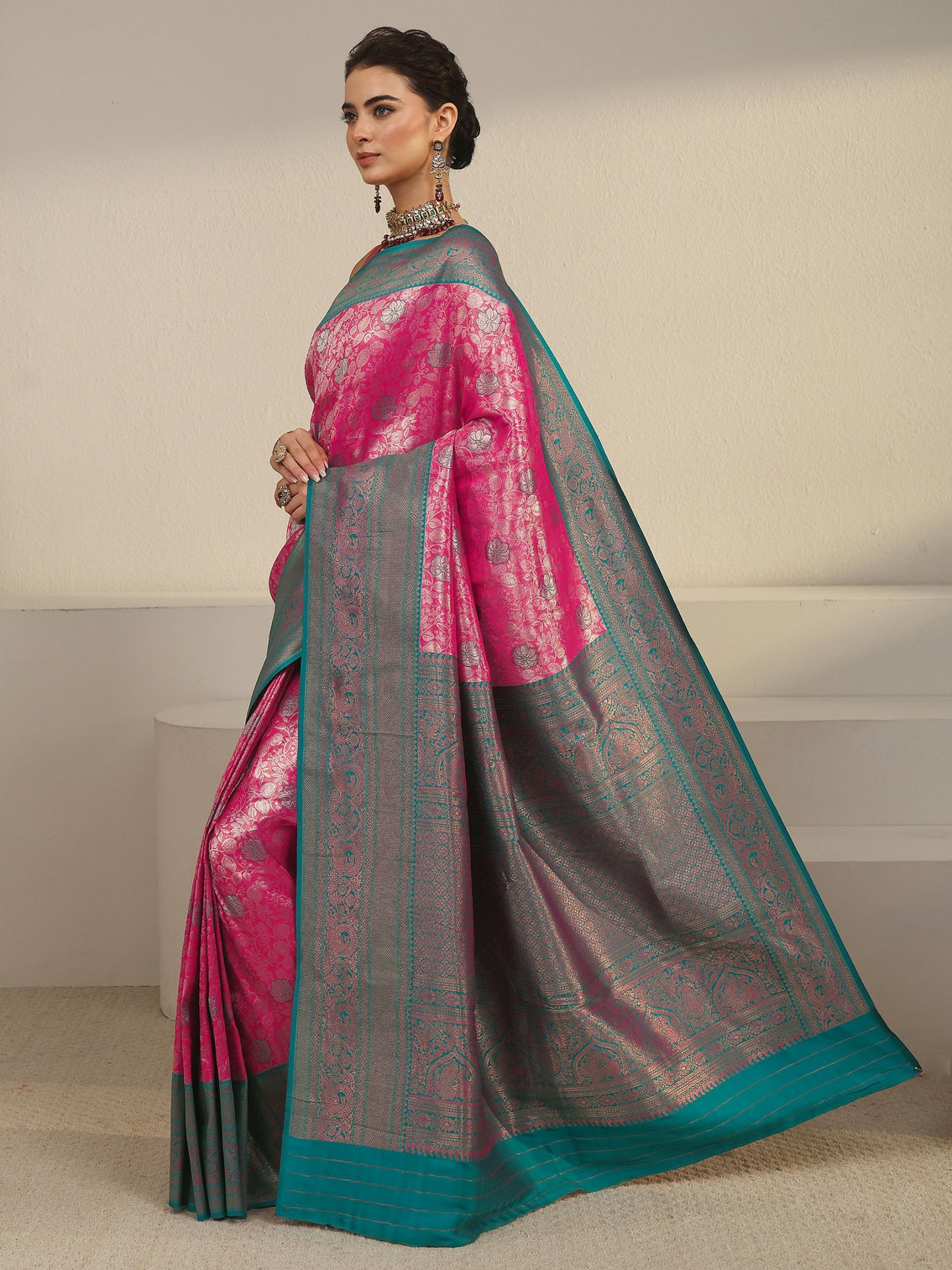 Mameraa Pink and Blue Floral Woven Design Silk Blend Saree