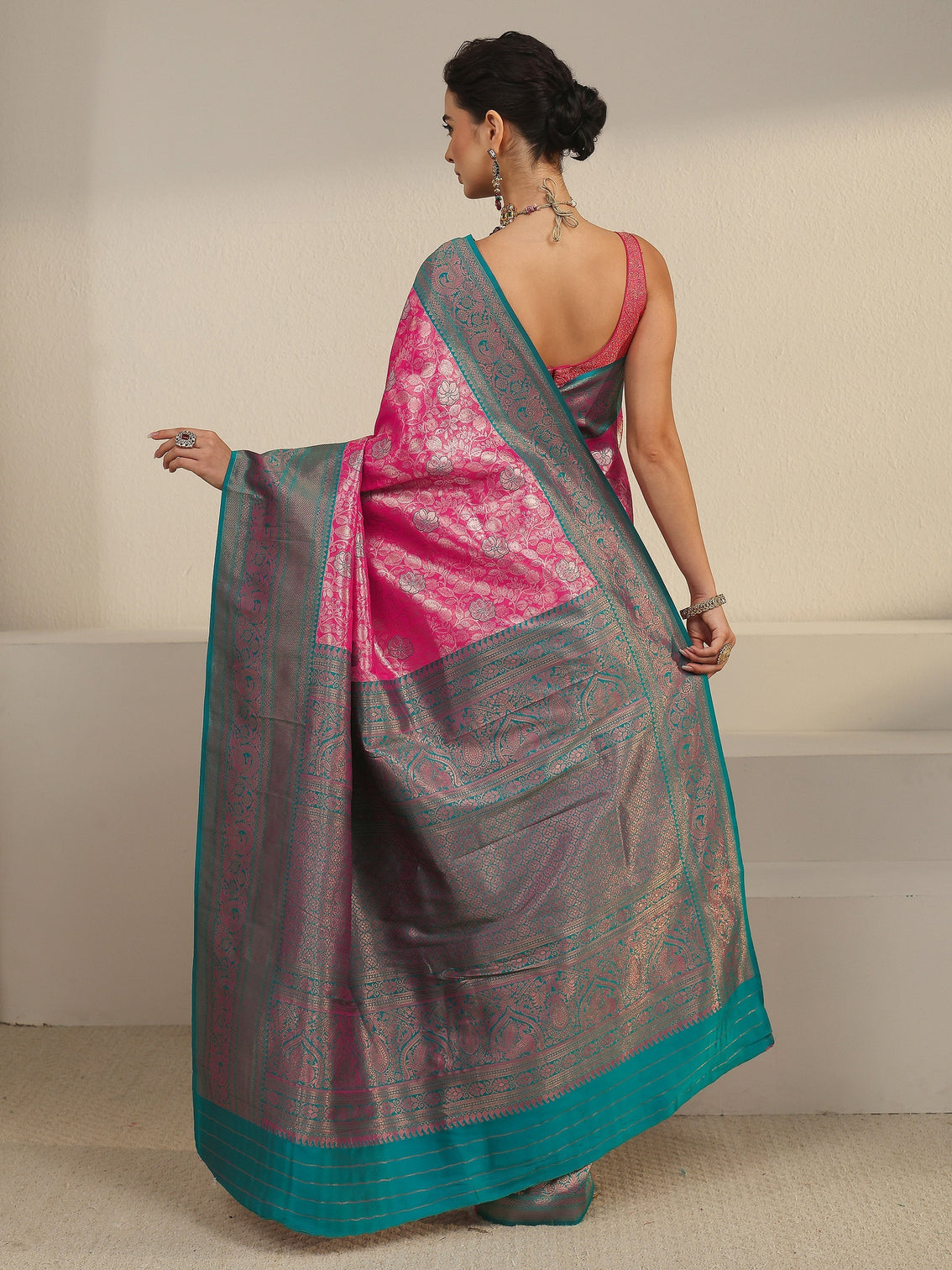 Mameraa Pink and Blue Floral Woven Design Silk Blend Saree