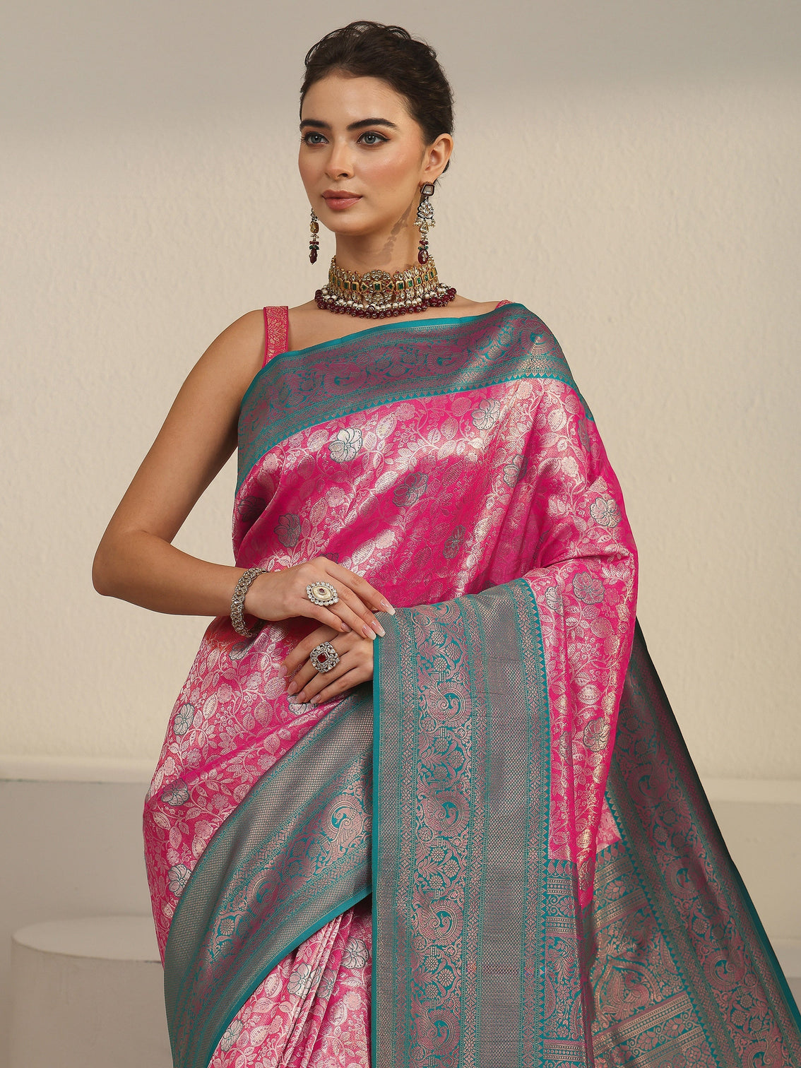 Mameraa Pink and Blue Floral Woven Design Silk Blend Saree