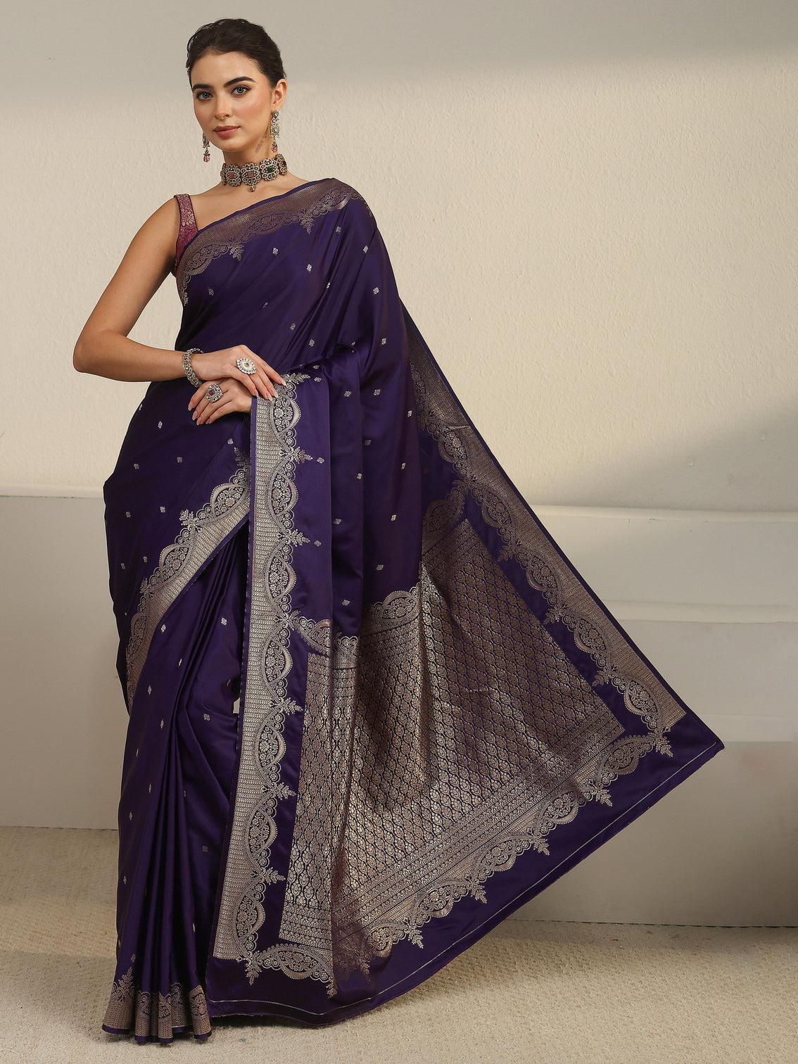 Mameraa Imperial Purple Woven Design Satin Saree