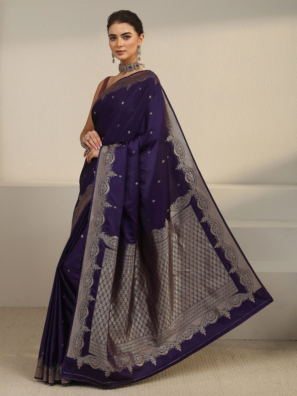 Mameraa Imperial Purple Woven Design Satin Saree