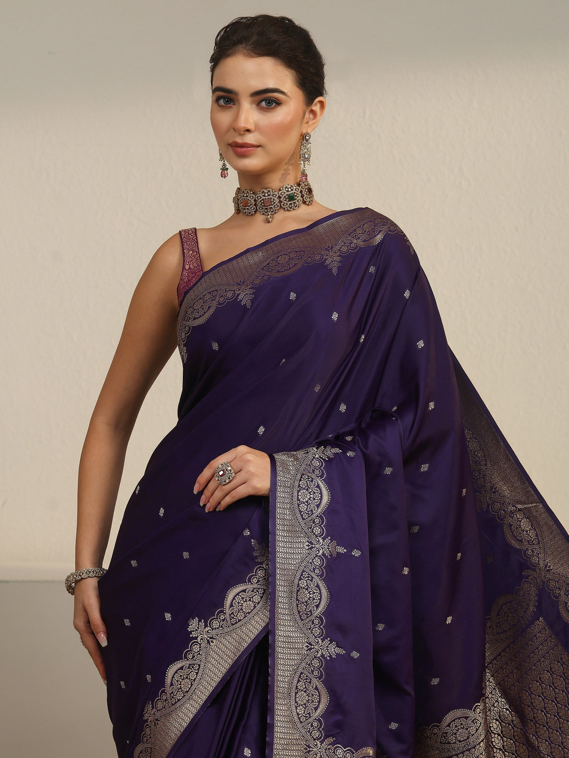 Mameraa Imperial Purple Woven Design Satin Saree