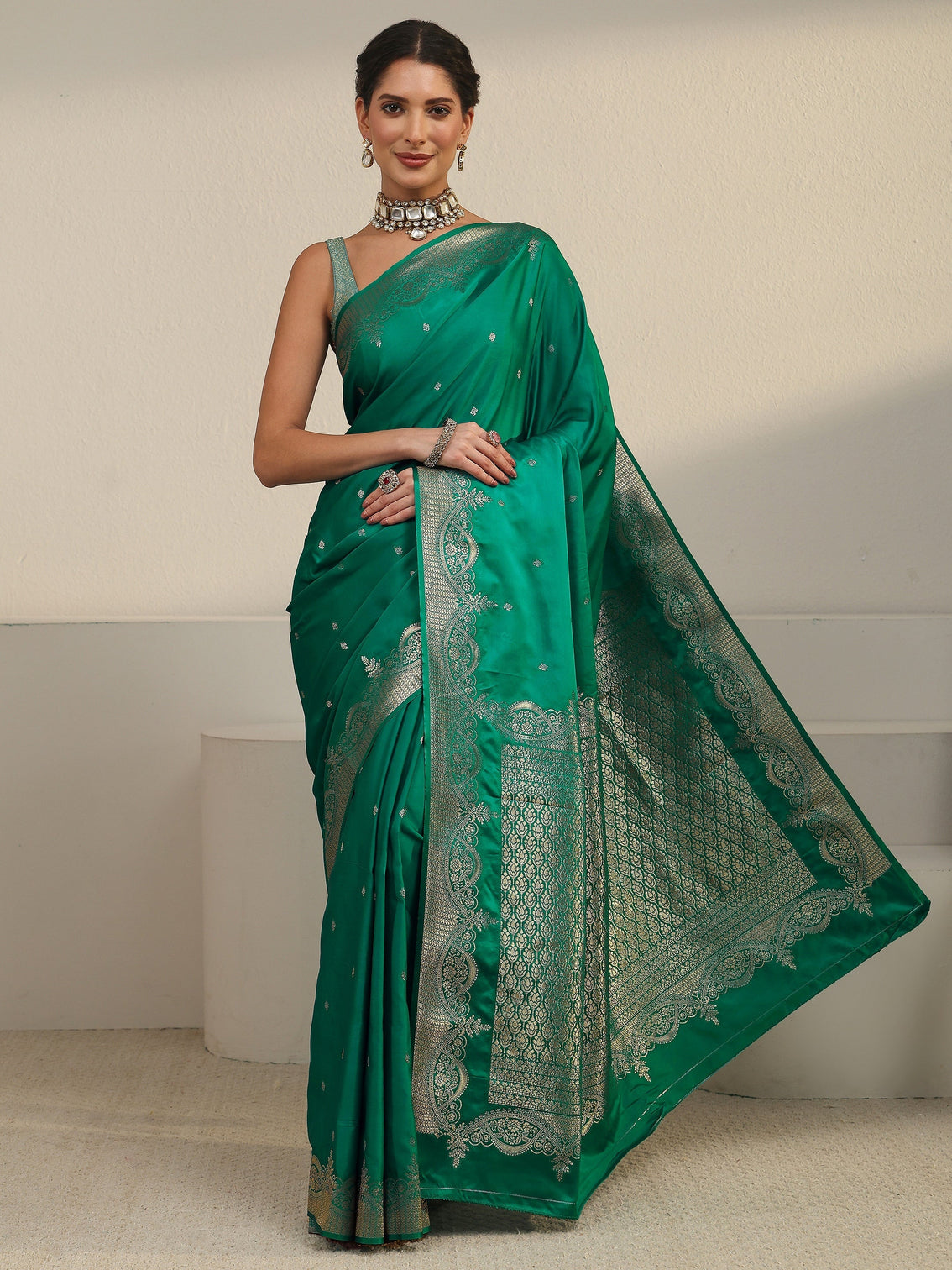 Mameraa Dark Green Woven Design Satin Saree