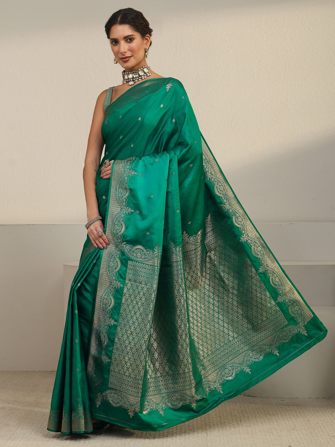 Mameraa Dark Green Woven Design Satin Saree