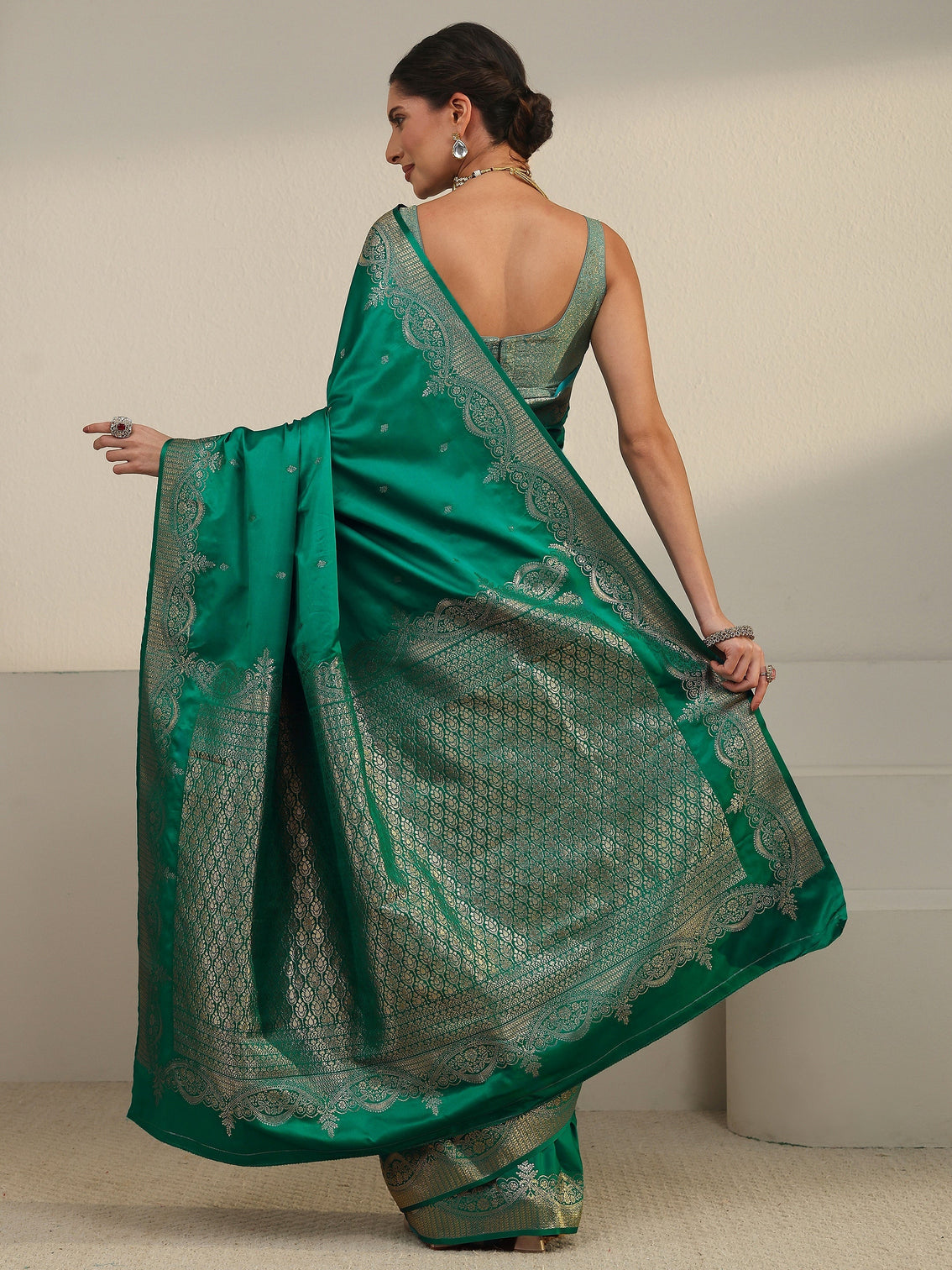 Mameraa Dark Green Woven Design Satin Saree