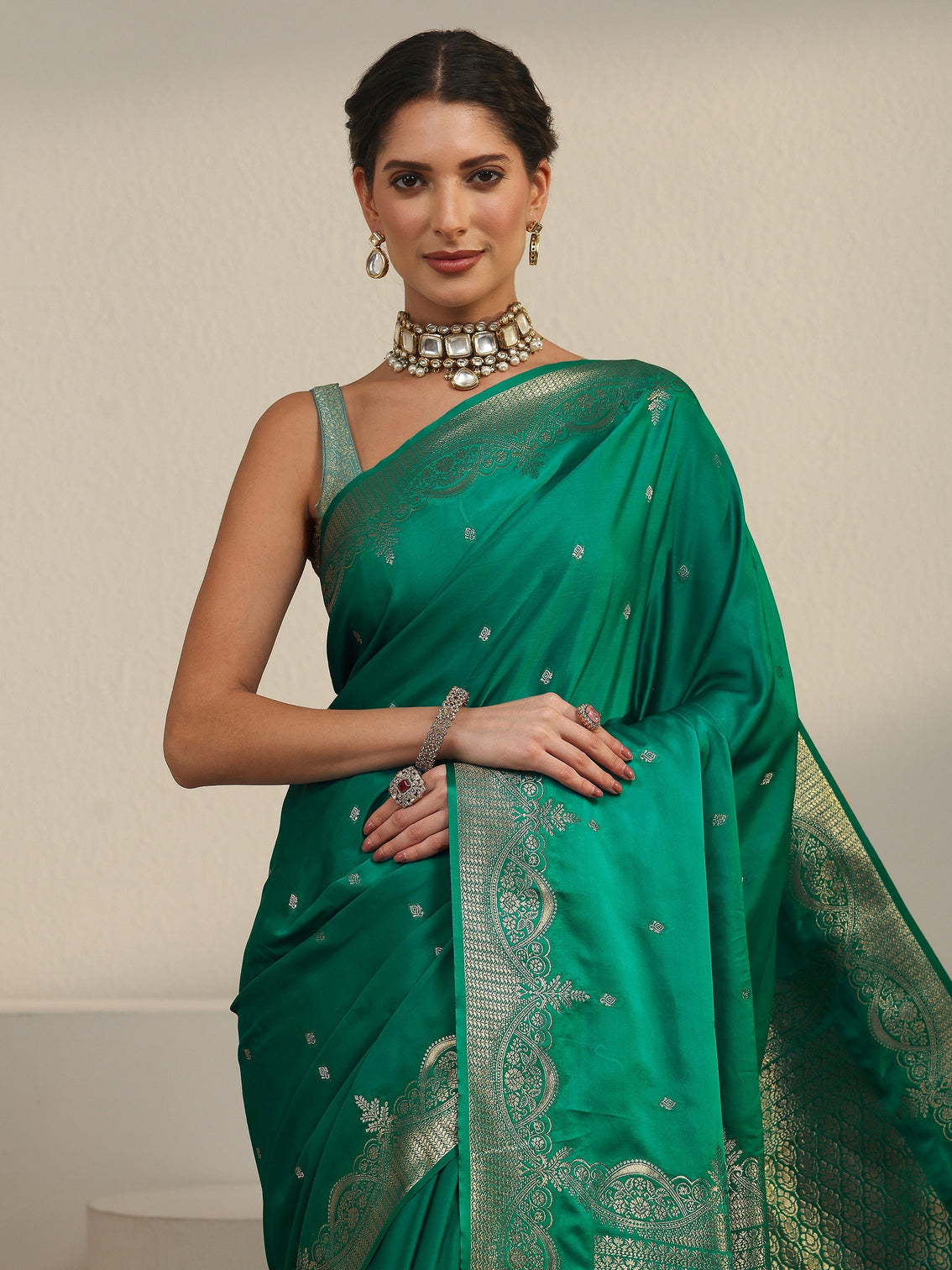 Mameraa Dark Green Woven Design Satin Saree