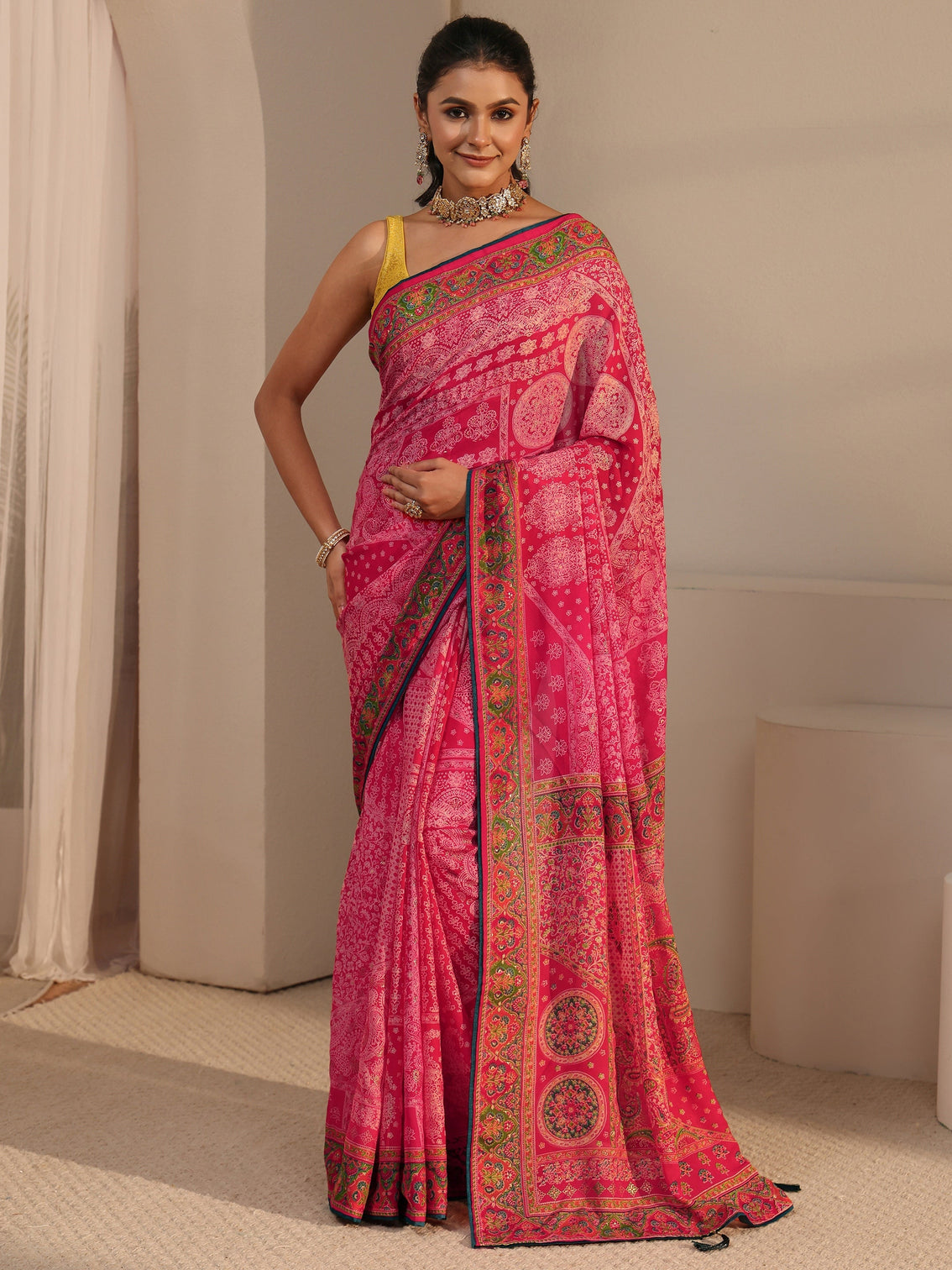 Mameraa Fuschia Pink Printed Georgette Saree