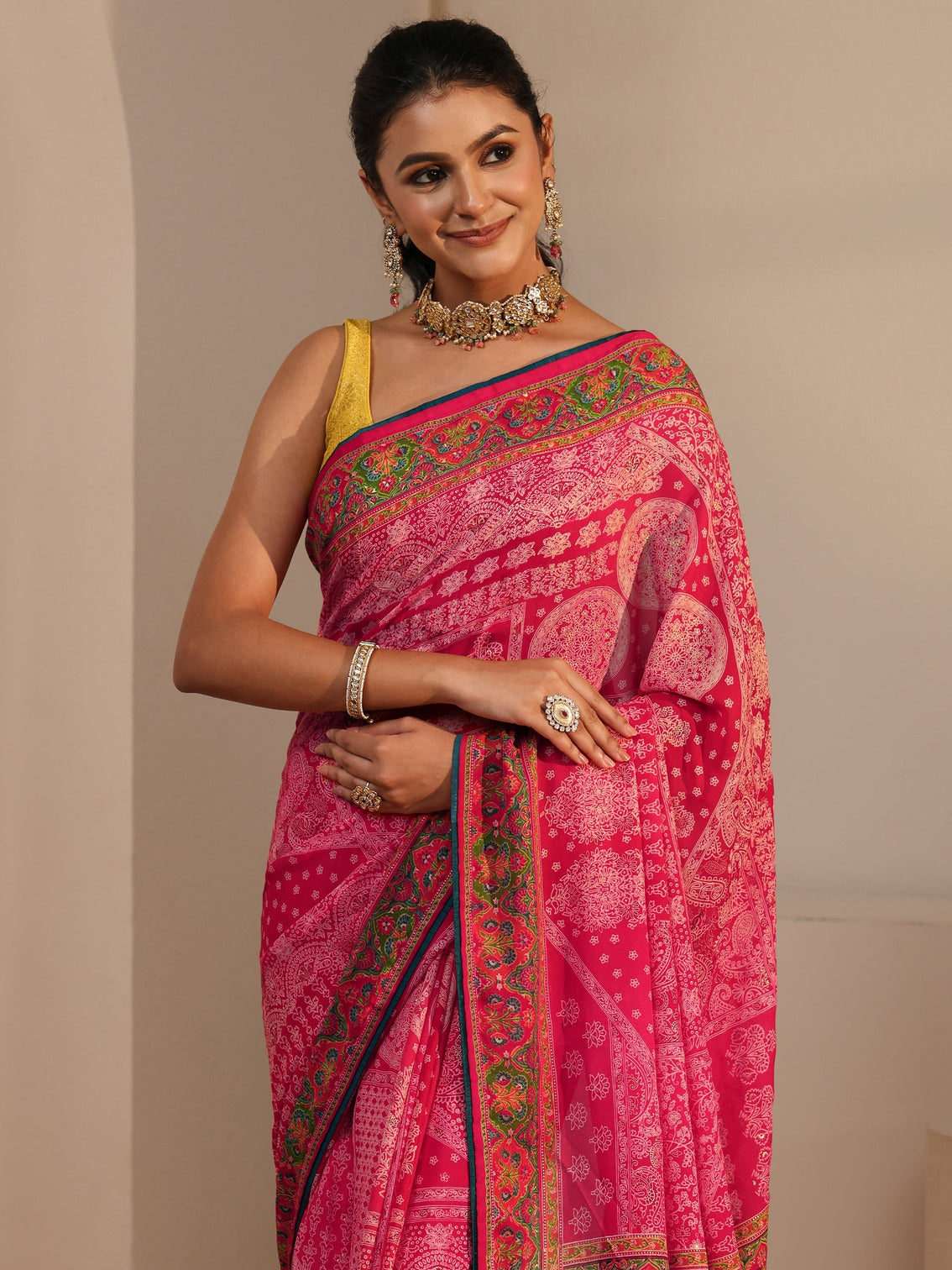 Mameraa Fuschia Pink Printed Georgette Saree