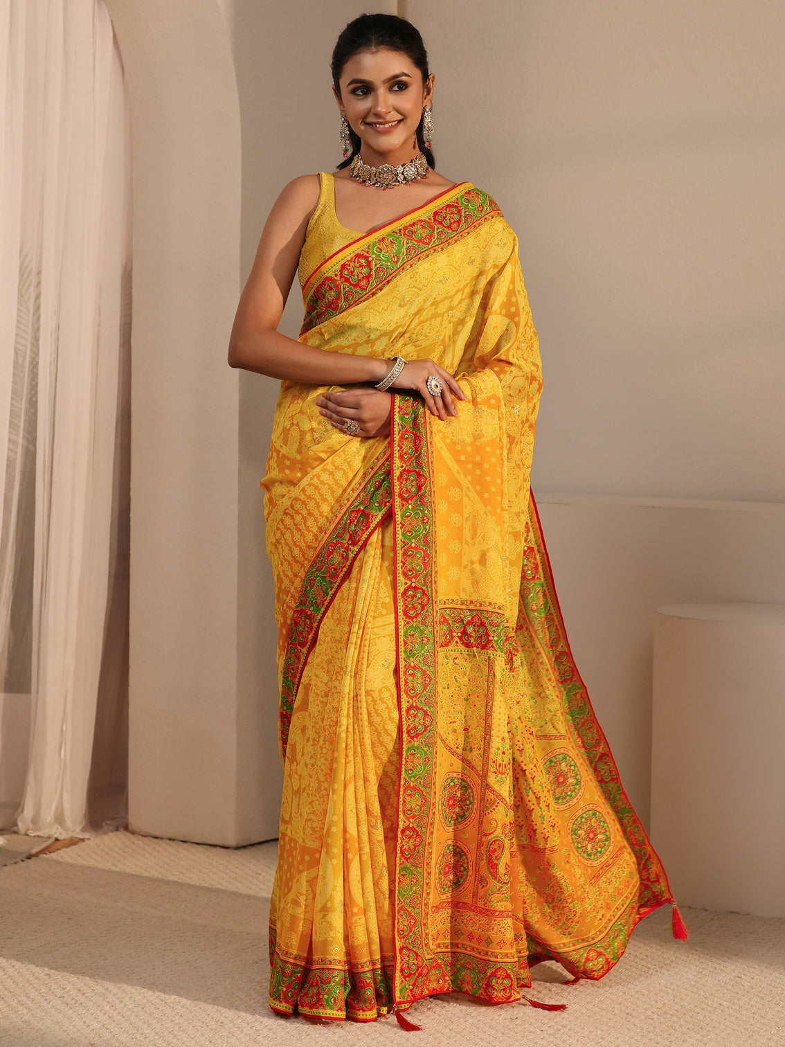 Mameraa Yellow Printed Georgette Saree