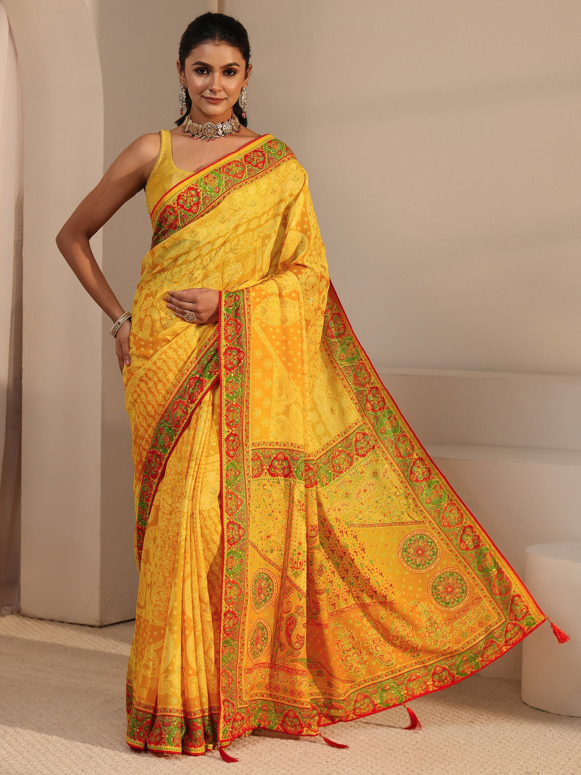 Mameraa Yellow Printed Georgette Saree