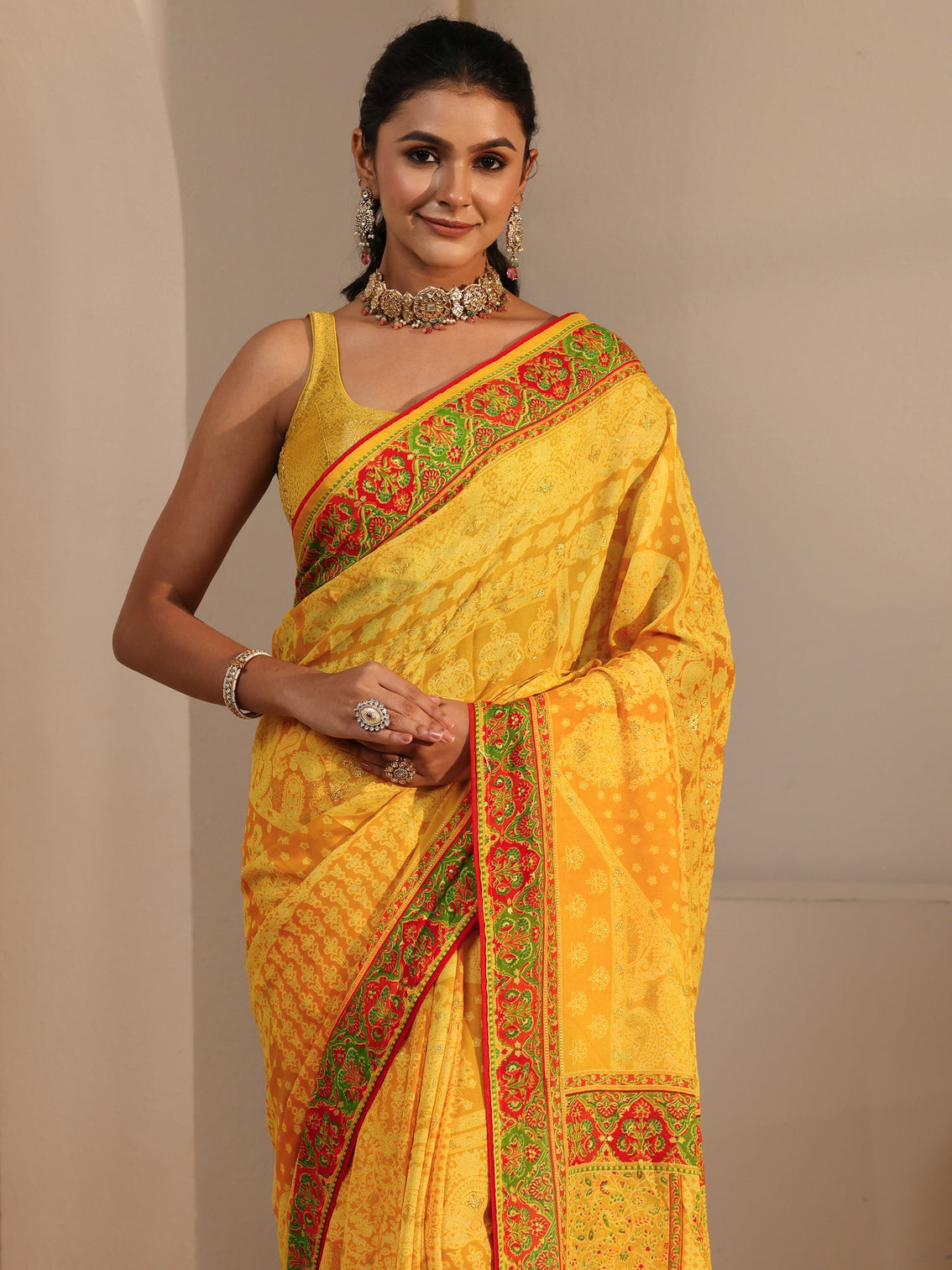 Mameraa Yellow Printed Georgette Saree