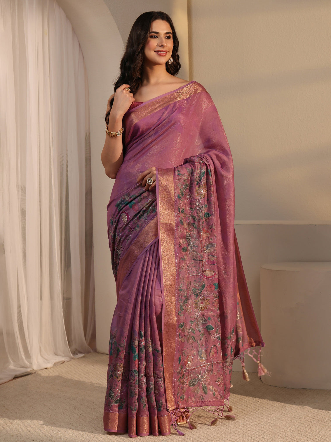 Mameraa Lavender Floral Printed Silk Blend Tassel Saree