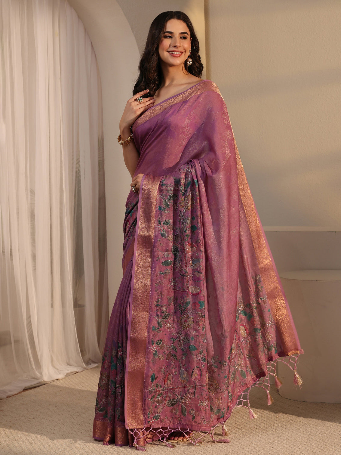 Mameraa Lavender Floral Printed Silk Blend Tassel Saree