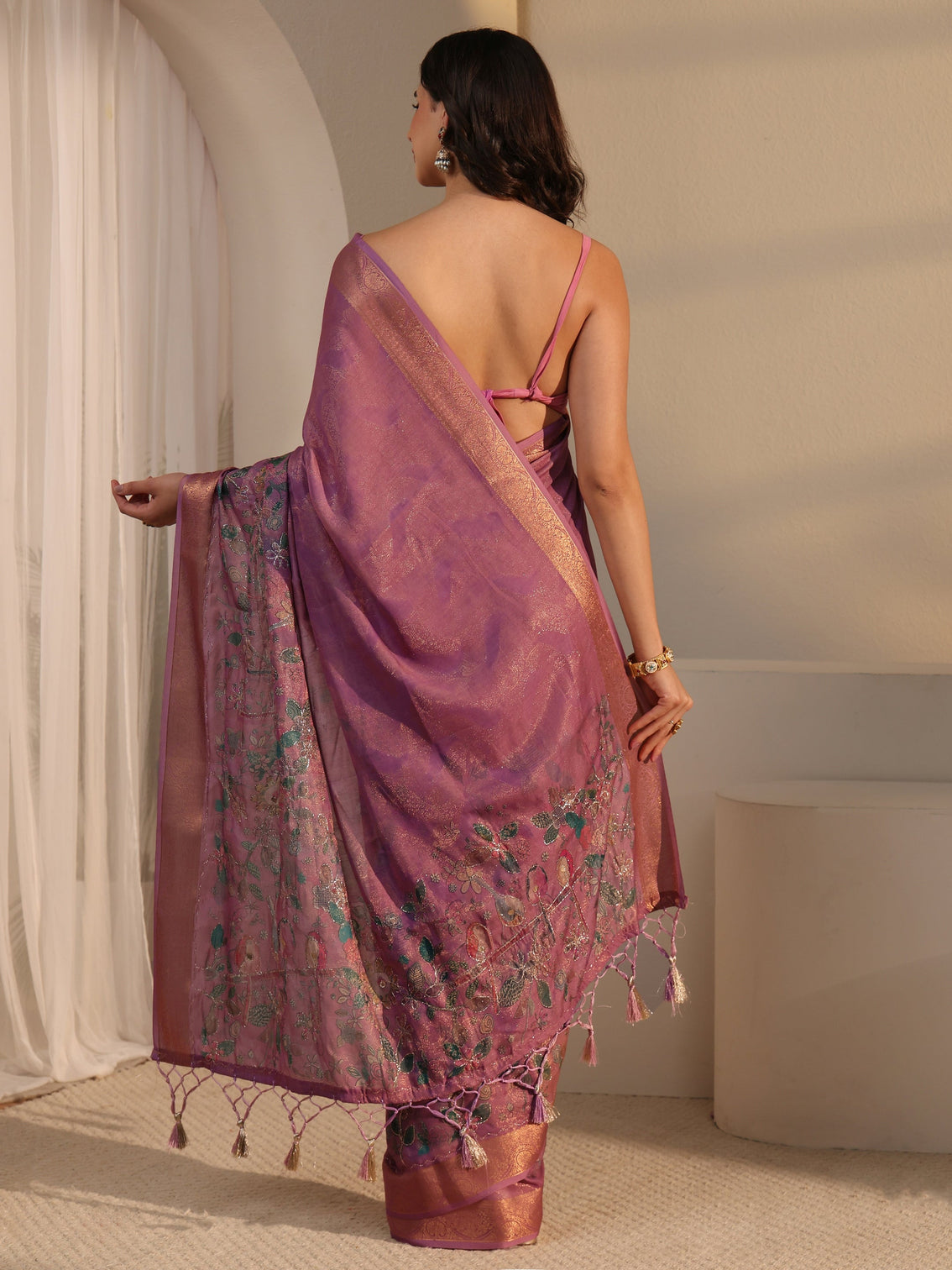 Mameraa Lavender Floral Printed Silk Blend Tassel Saree