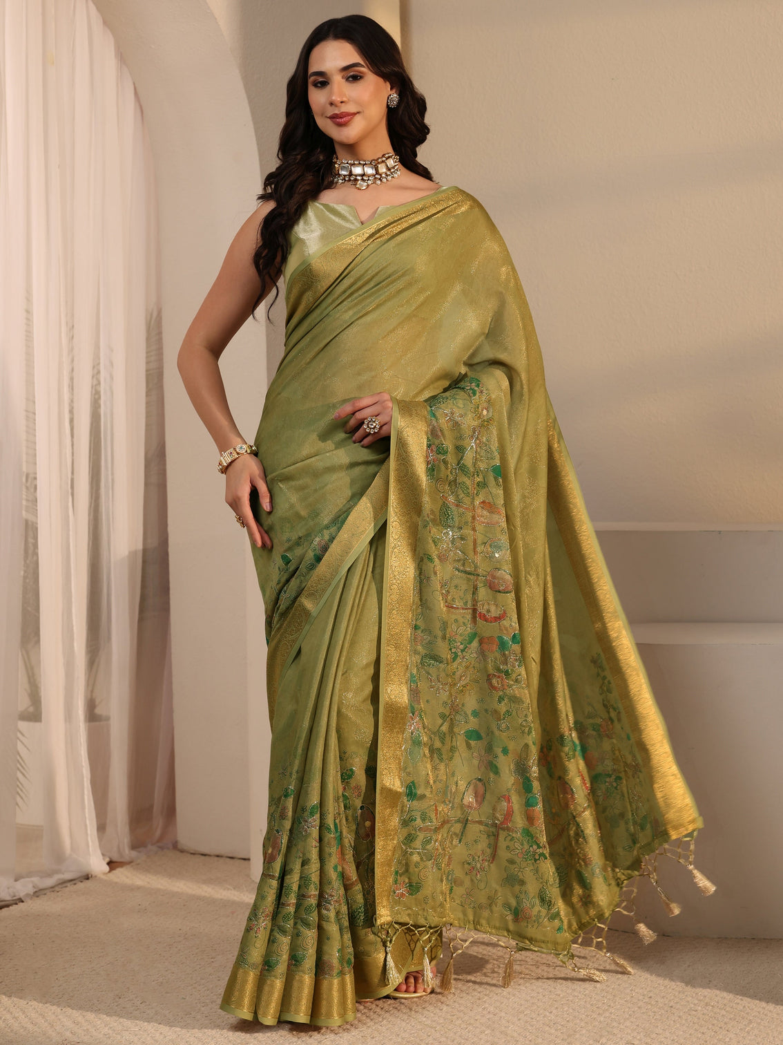 Mameraa Henna Green Floral Printed Silk Blend Tassel Saree