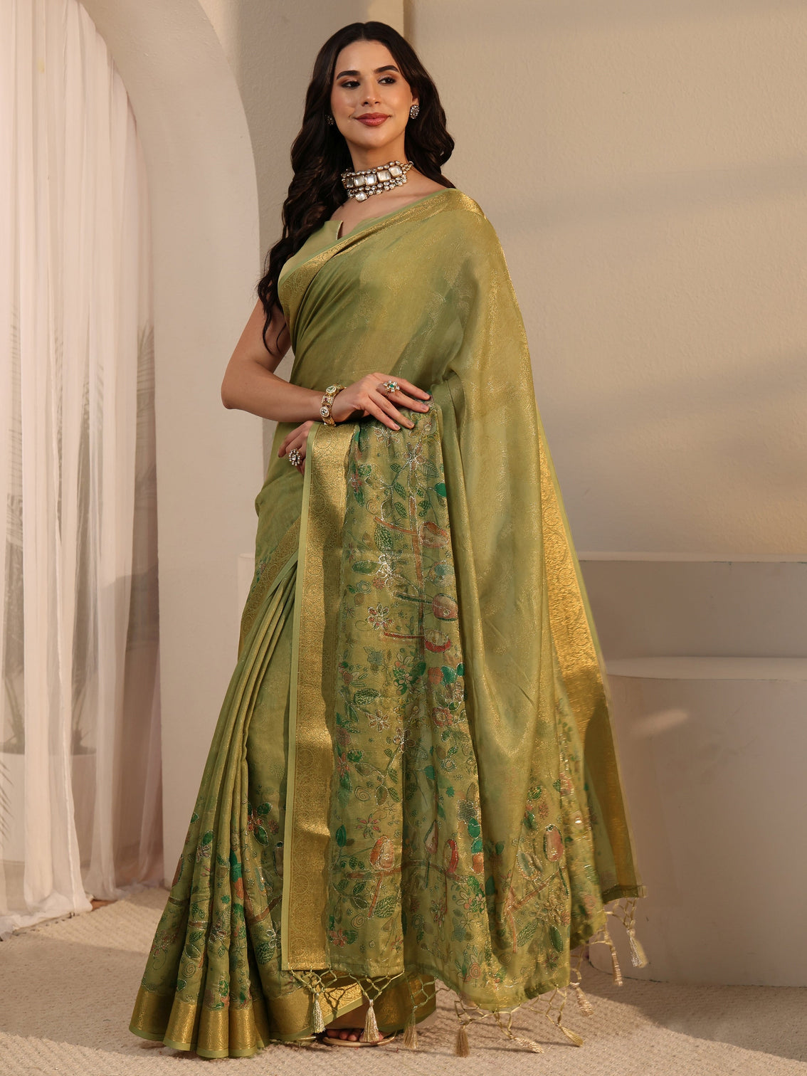 Mameraa Henna Green Floral Printed Silk Blend Tassel Saree